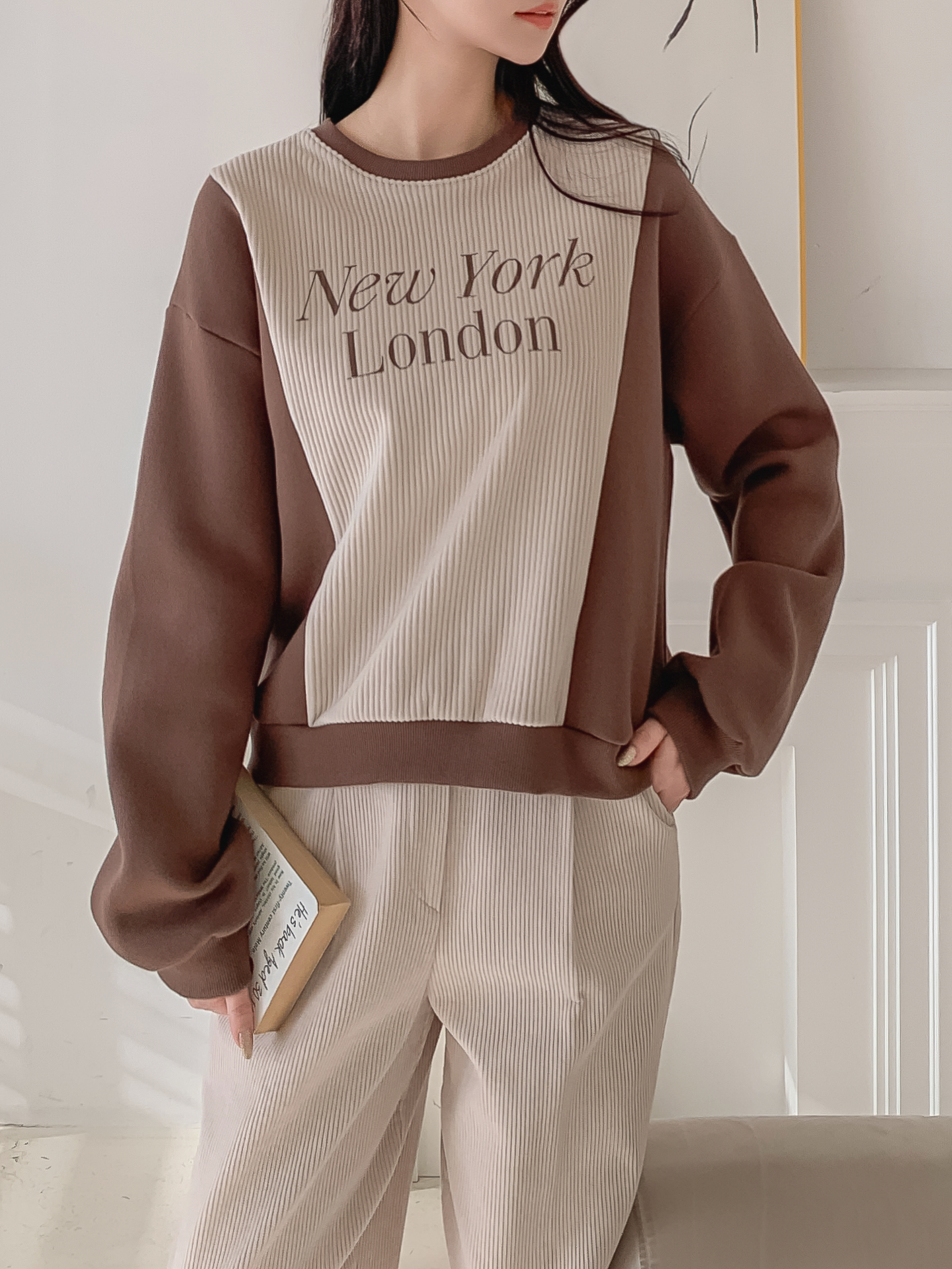 ファー裏地ラウンドネック長袖プリント配色カラースウェット | 詳細画像13