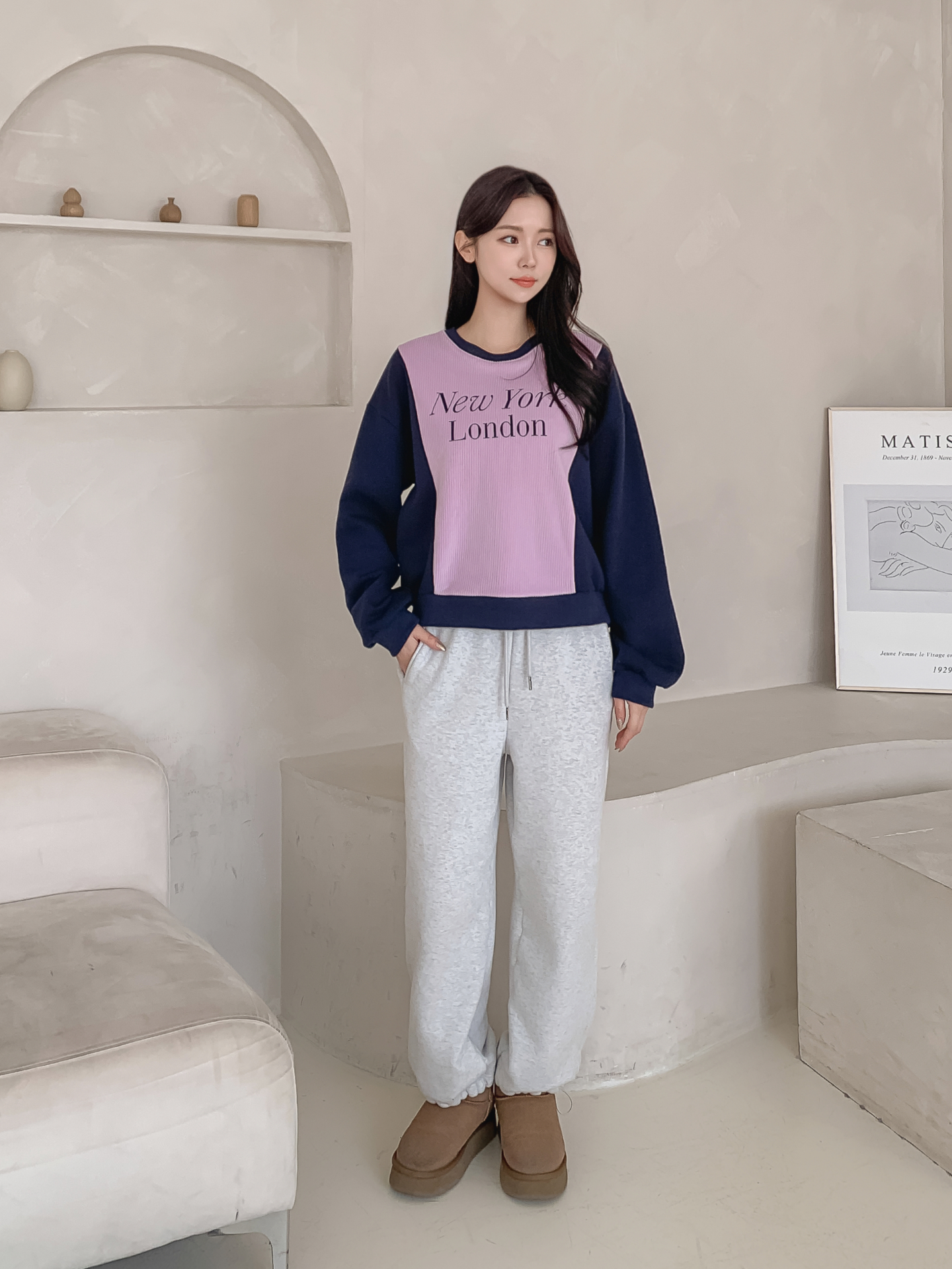 ファー裏地ラウンドネック長袖プリント配色カラースウェット | 詳細画像17