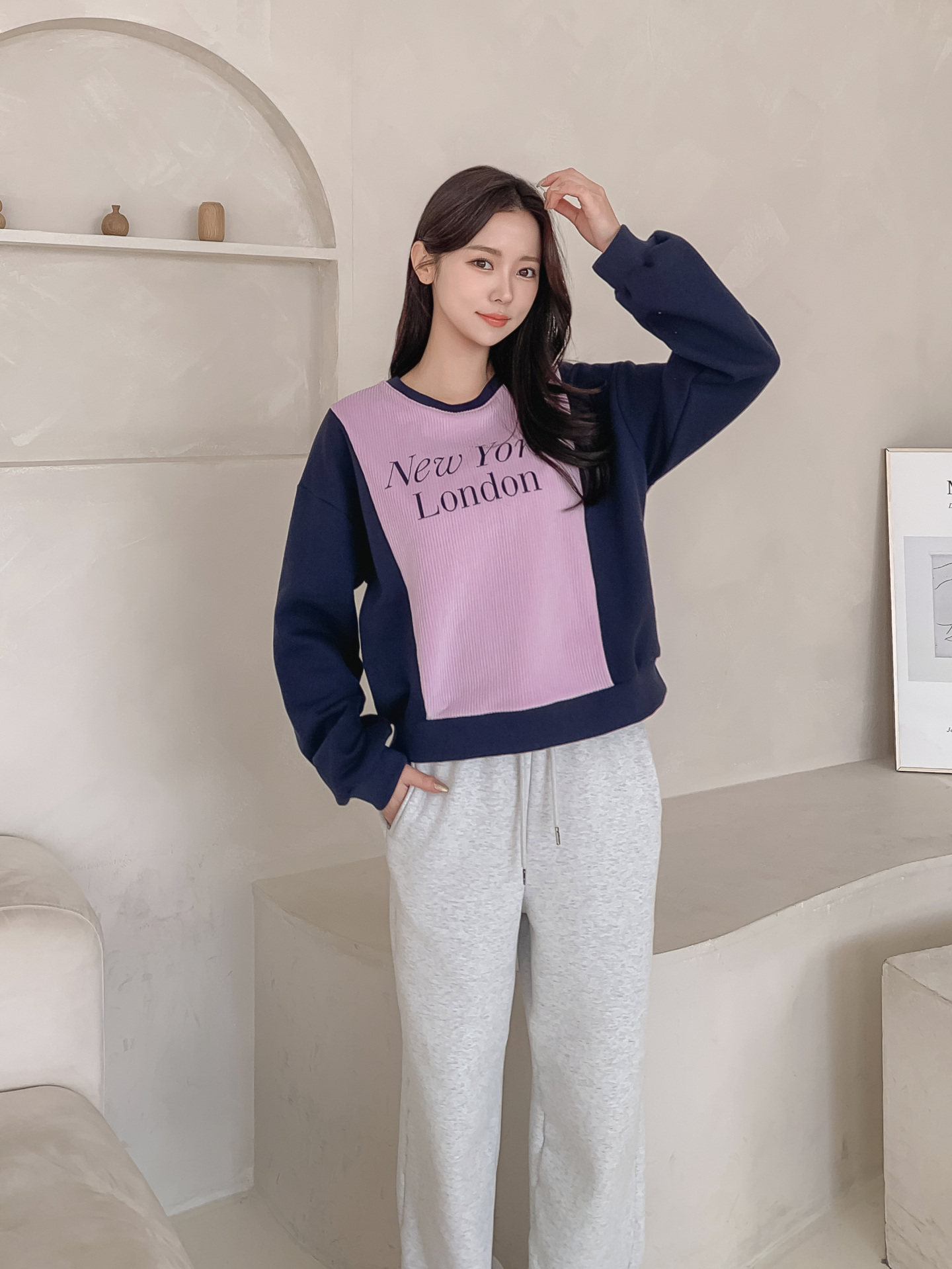 ファー裏地ラウンドネック長袖プリント配色カラースウェット | 詳細画像18