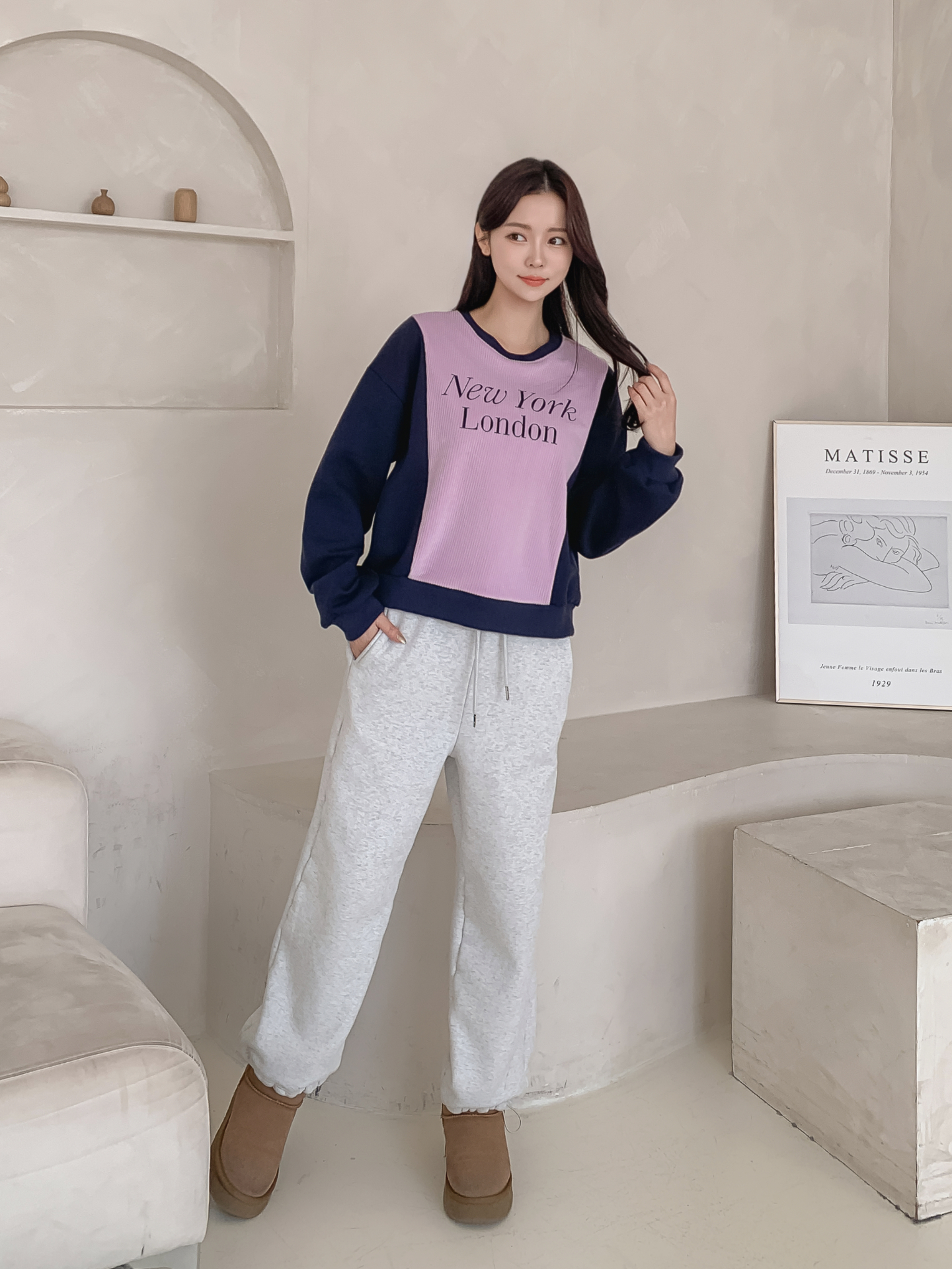 ファー裏地ラウンドネック長袖プリント配色カラースウェット | 詳細画像19