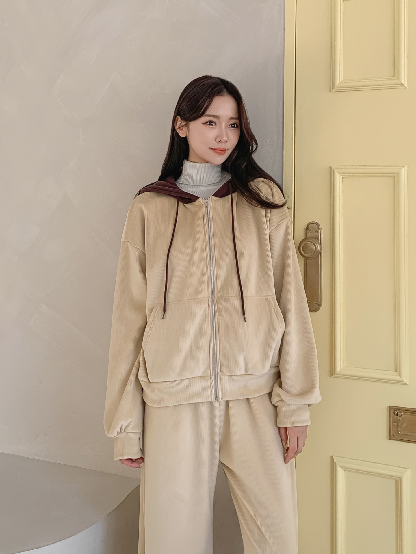 裏起毛ジップアップフードカンガルーポケット配色カラージップパーカー | 詳細画像2