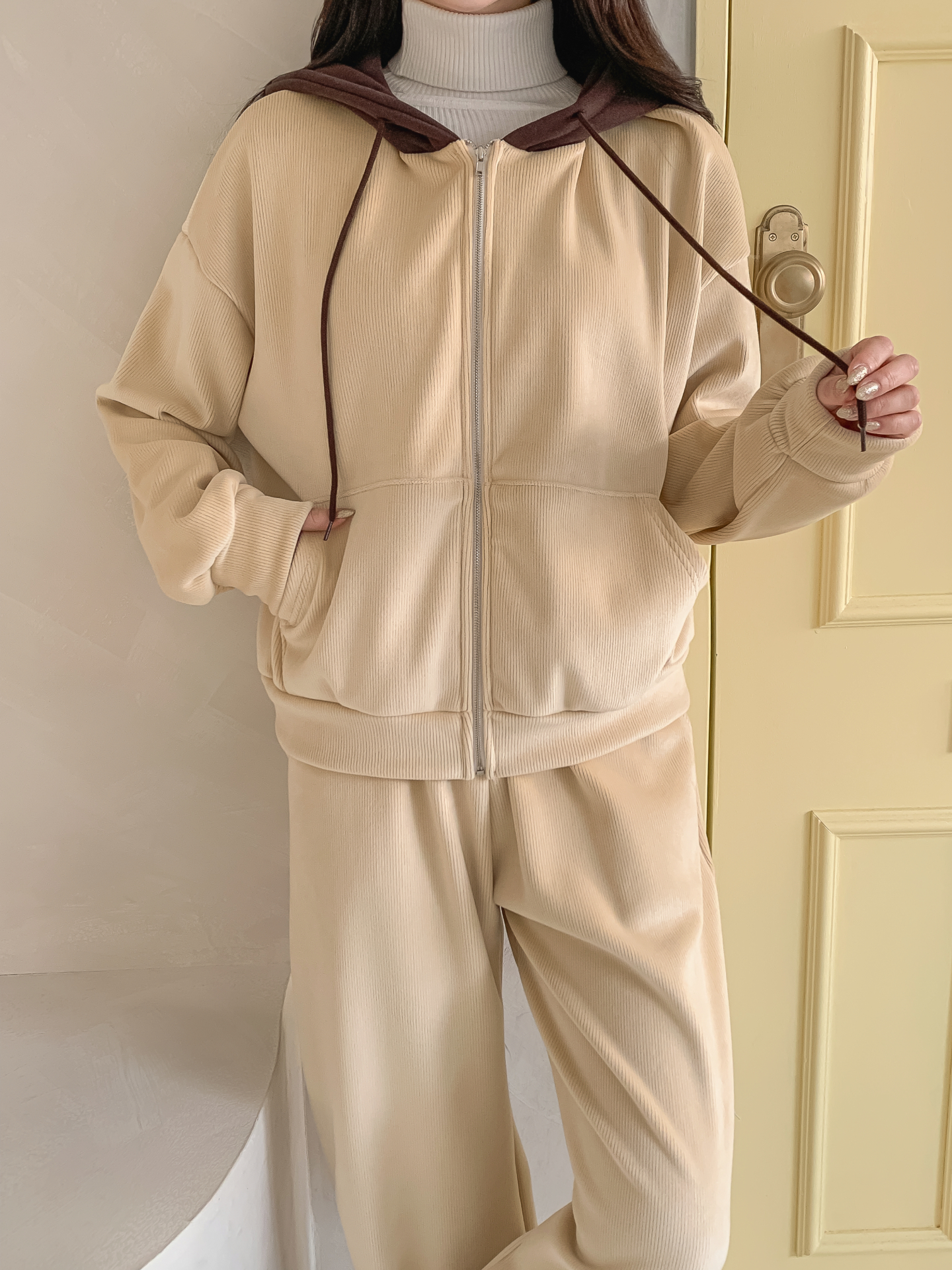 裏起毛ジップアップフードカンガルーポケット配色カラージップパーカー | 詳細画像8