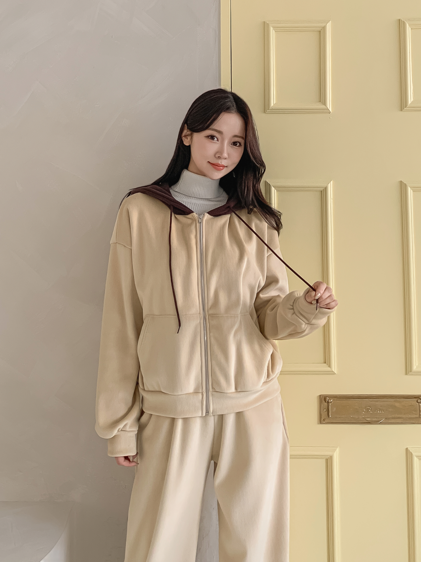 裏起毛ジップアップフードカンガルーポケット配色カラージップパーカー | 詳細画像11