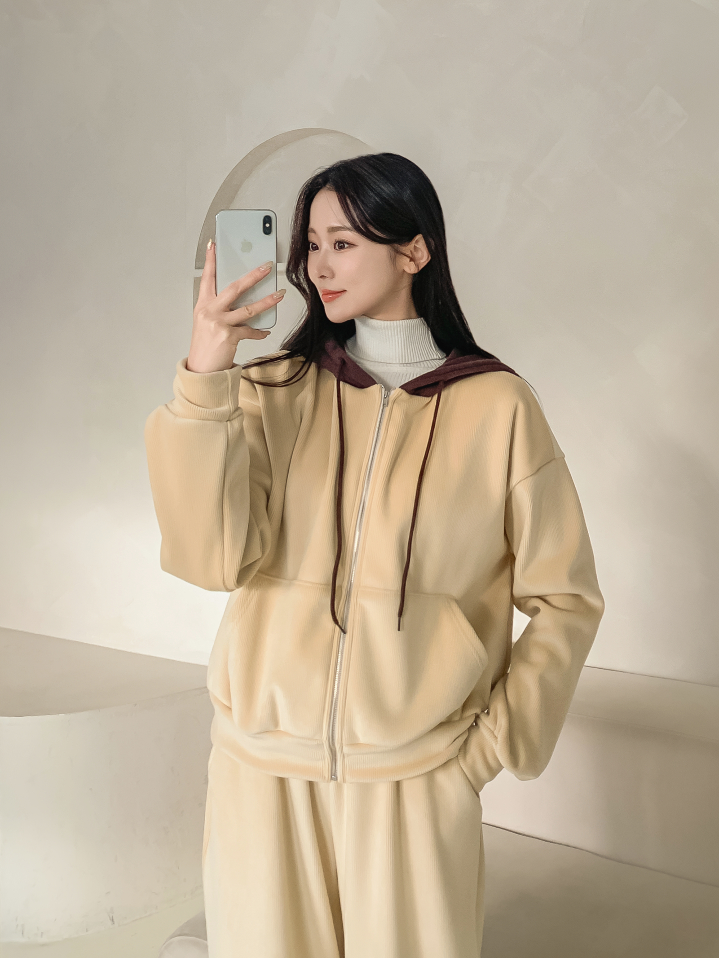 裏起毛ジップアップフードカンガルーポケット配色カラージップパーカー | 詳細画像14