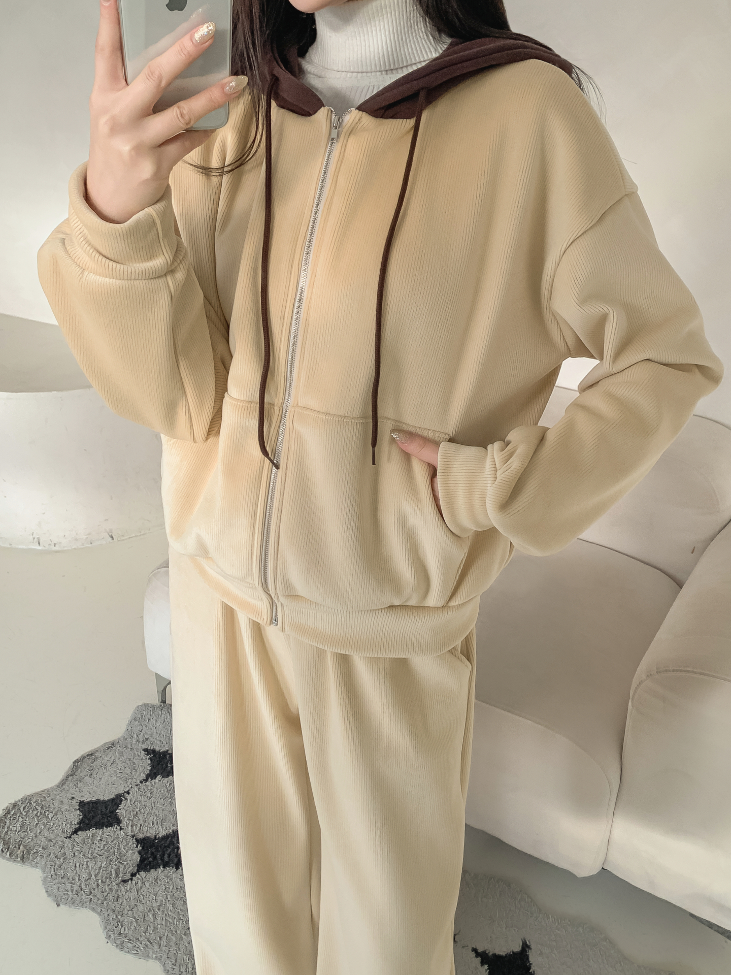 裏起毛ジップアップフードカンガルーポケット配色カラージップパーカー | 詳細画像16