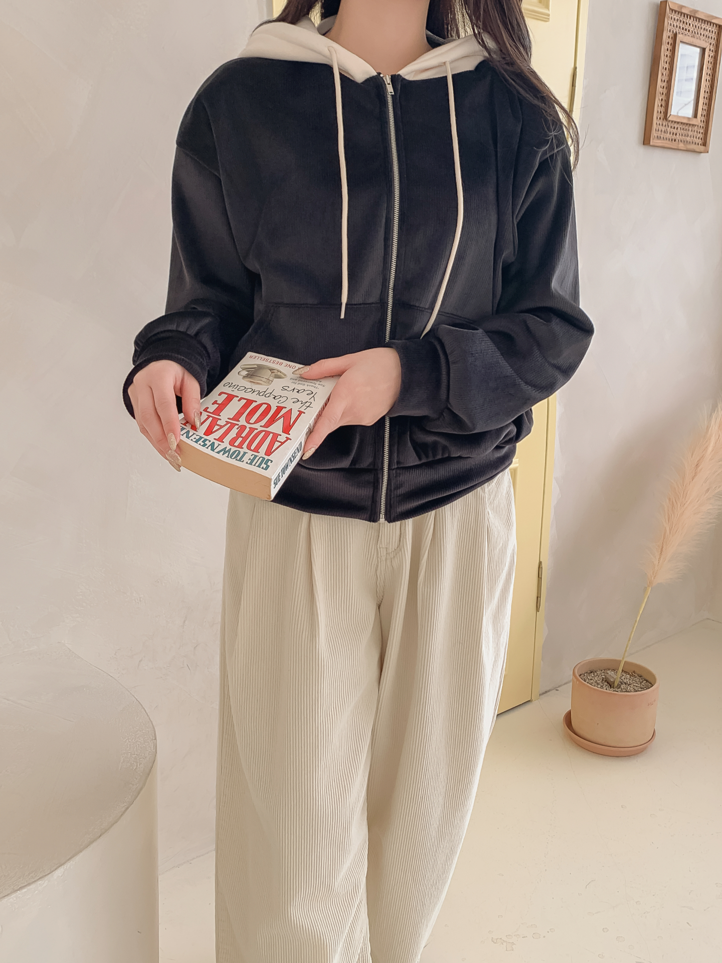 裏起毛ジップアップフードカンガルーポケット配色カラージップパーカー | 詳細画像22