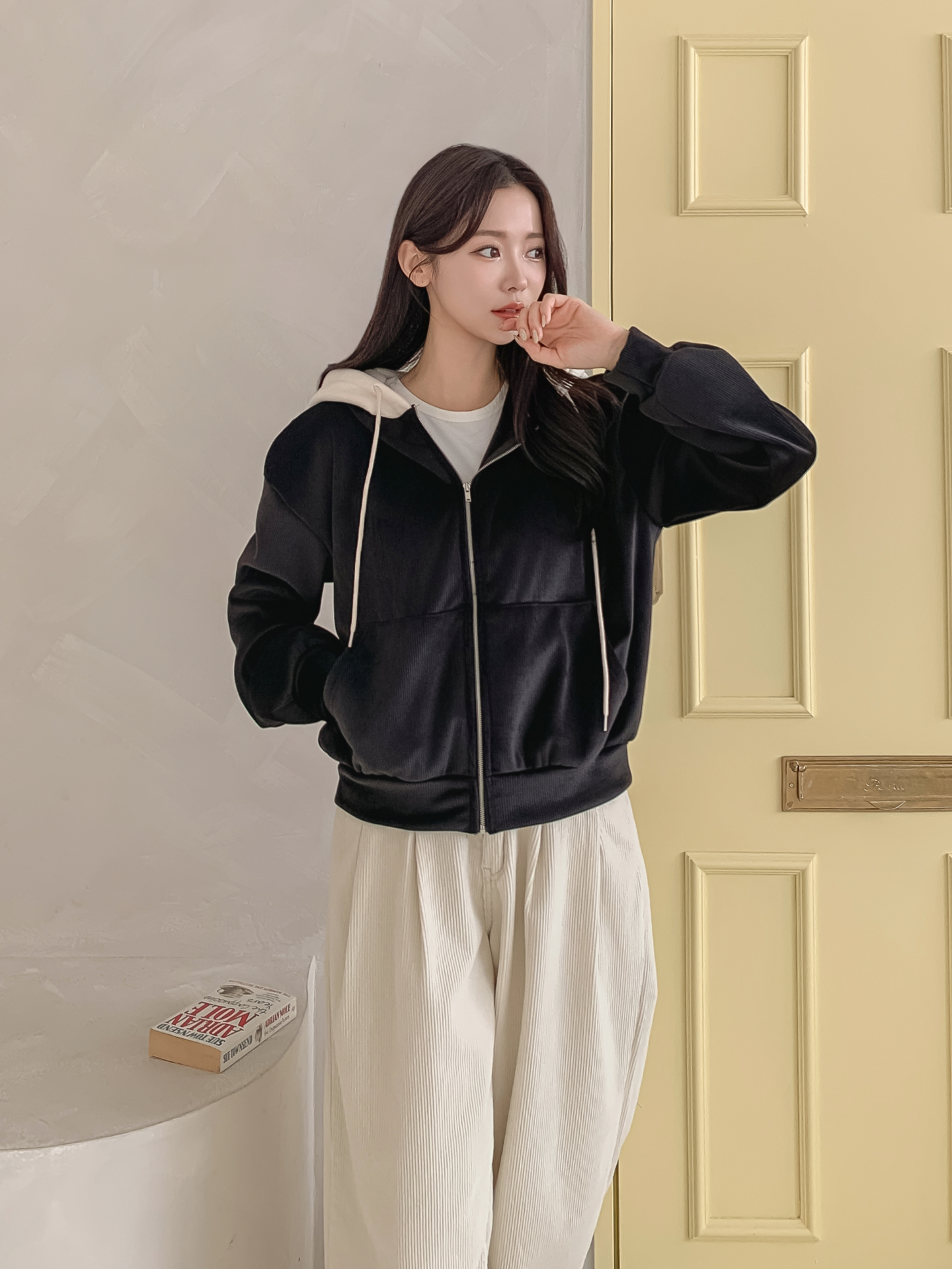 裏起毛ジップアップフードカンガルーポケット配色カラージップパーカー | 詳細画像19