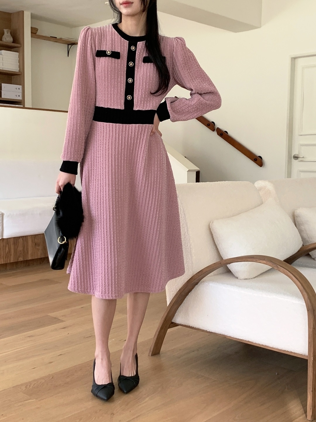 ベロア配色ラウンドネック長袖ミディフレアフェイクボタンワンピース | 詳細画像6