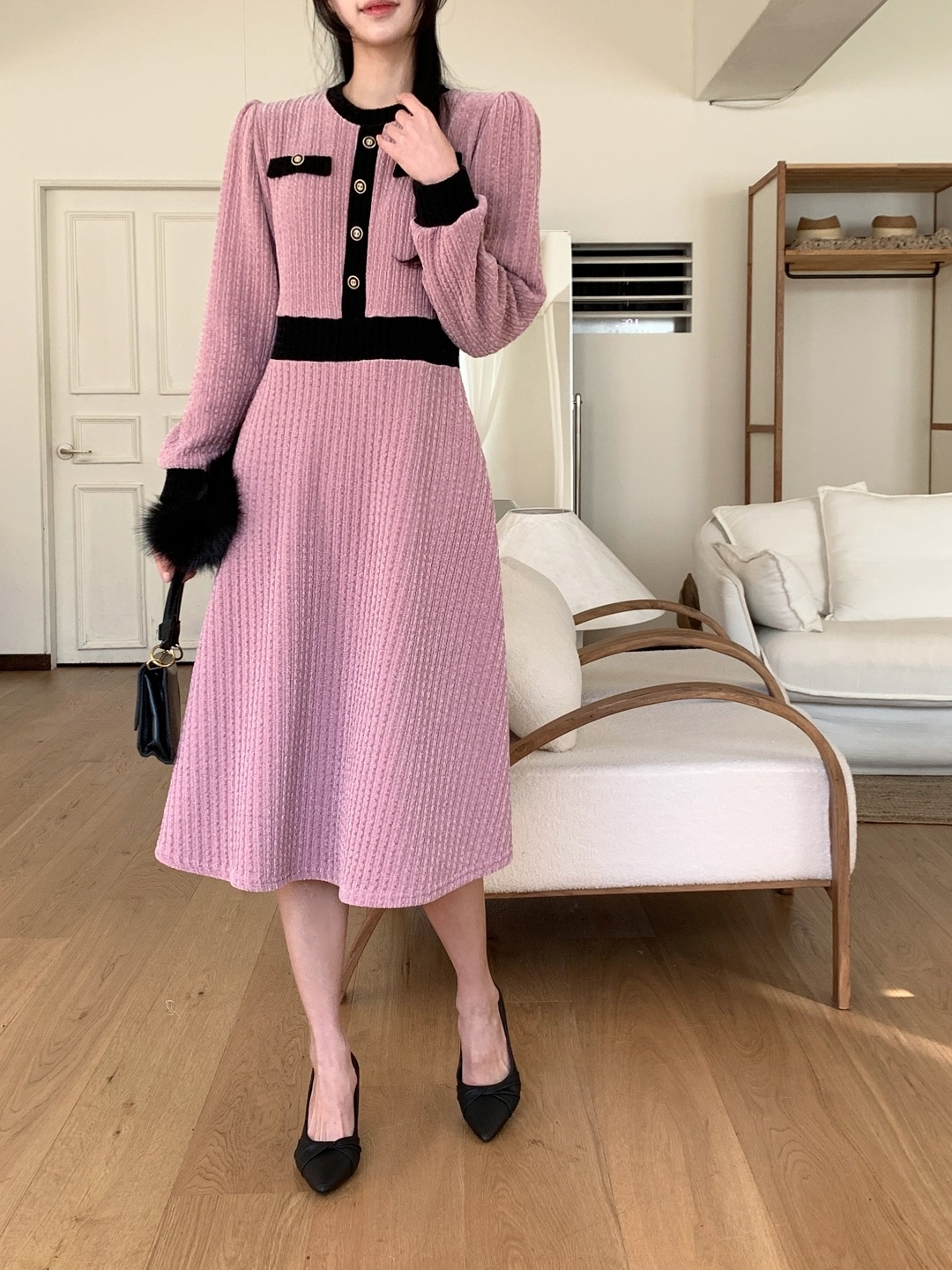 ベロア配色ラウンドネック長袖ミディフレアフェイクボタンワンピース | 詳細画像7