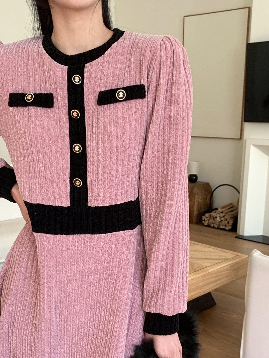 ベロア配色ラウンドネック長袖ミディフレアフェイクボタンワンピース | 詳細画像8