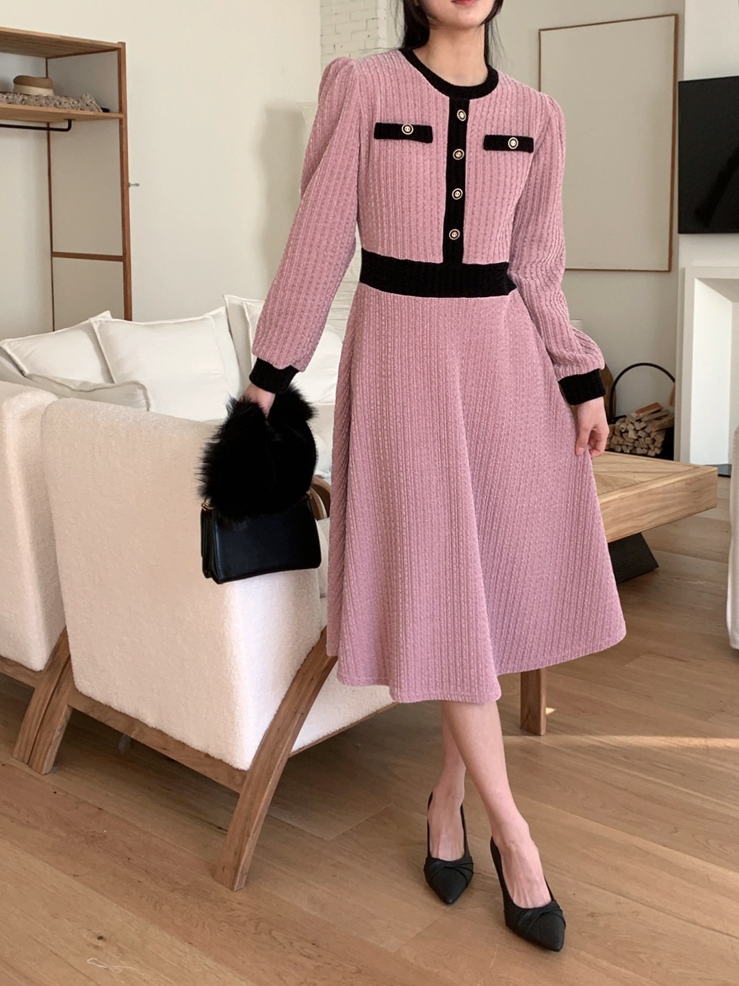 ベロア配色ラウンドネック長袖ミディフレアフェイクボタンワンピース | 詳細画像9