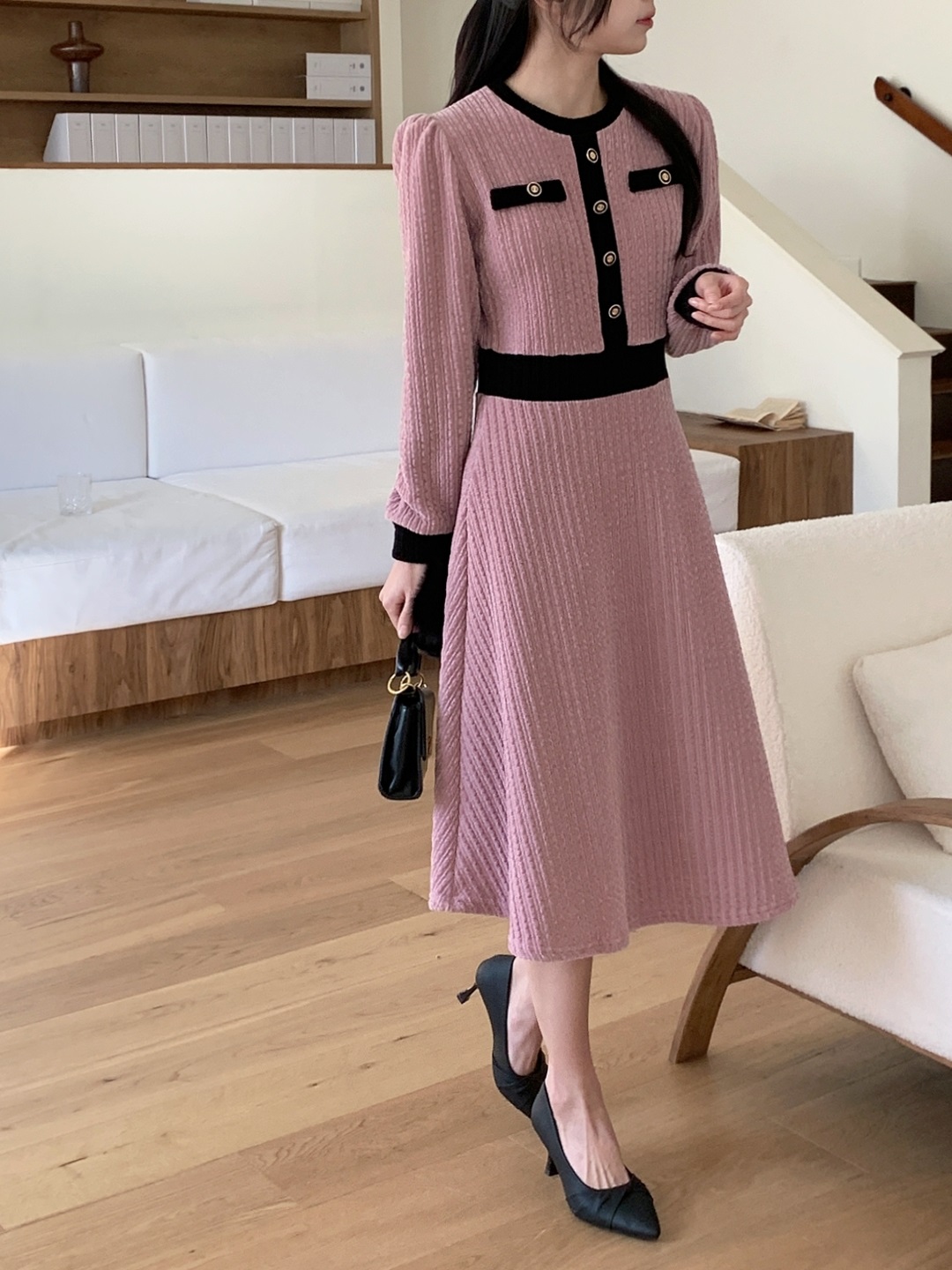 ベロア配色ラウンドネック長袖ミディフレアフェイクボタンワンピース | 詳細画像14