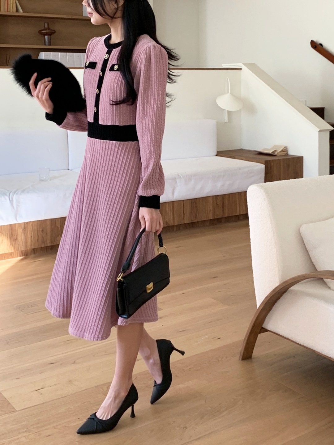 ベロア配色ラウンドネック長袖ミディフレアフェイクボタンワンピース | 詳細画像15