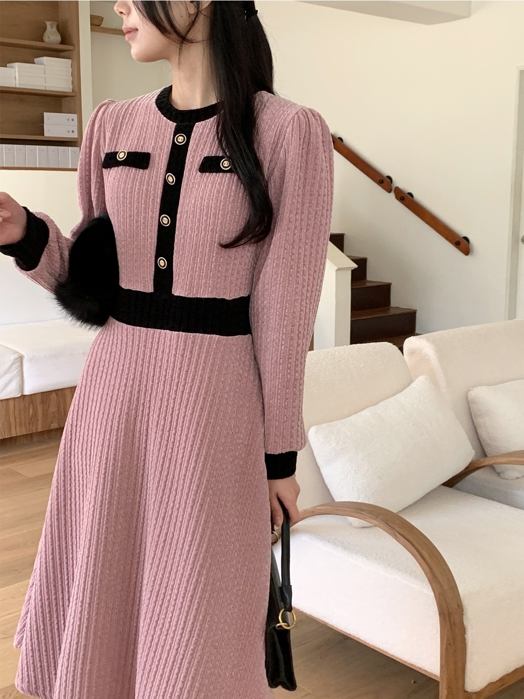 ベロア配色ラウンドネック長袖ミディフレアフェイクボタンワンピース | 詳細画像16