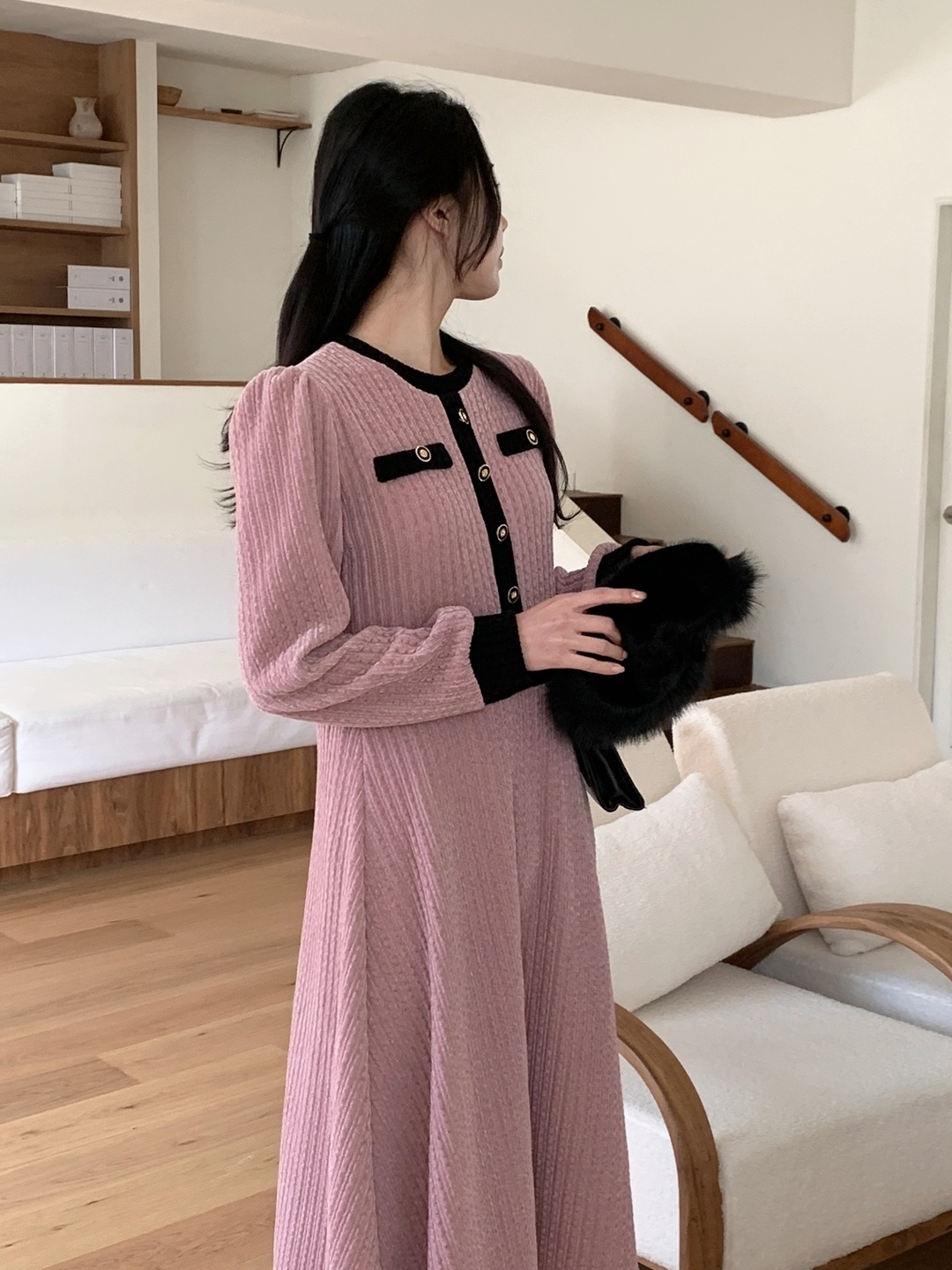 ベロア配色ラウンドネック長袖ミディフレアフェイクボタンワンピース | 詳細画像17