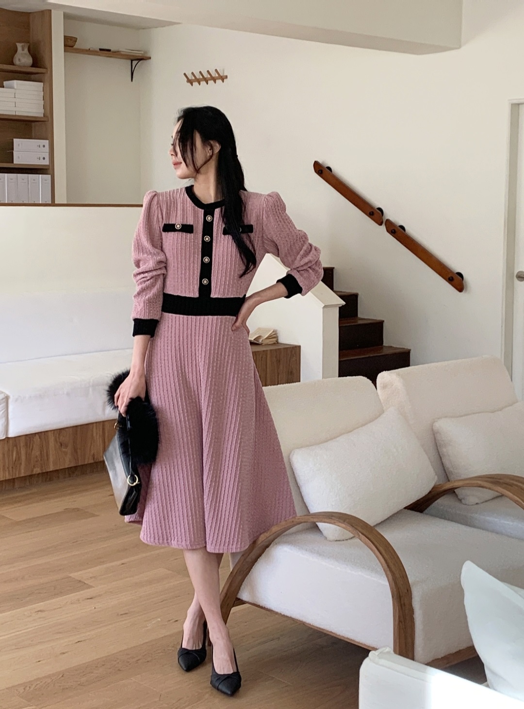 ベロア配色ラウンドネック長袖ミディフレアフェイクボタンワンピース | 詳細画像18