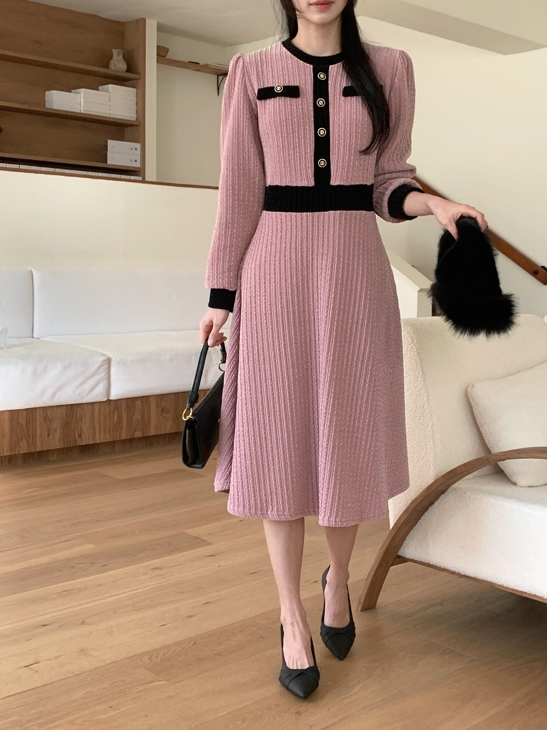 ベロア配色ラウンドネック長袖ミディフレアフェイクボタンワンピース | 詳細画像19