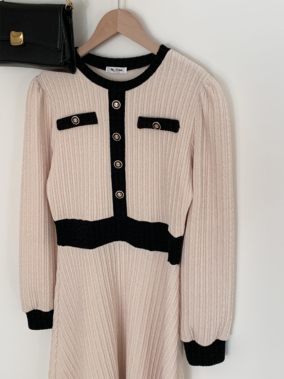 ベロア配色ラウンドネック長袖ミディフレアフェイクボタンワンピース | 詳細画像20