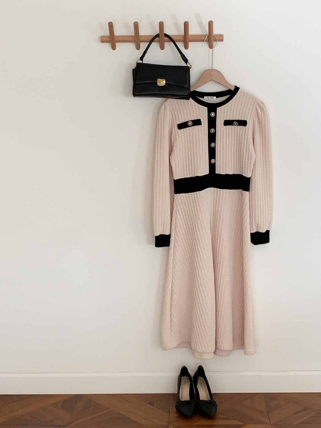 ベロア配色ラウンドネック長袖ミディフレアフェイクボタンワンピース | 詳細画像21