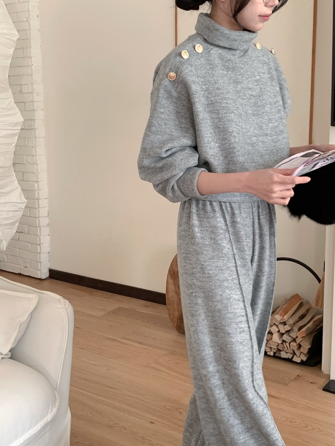 裏起毛タートルネックウエストゴムロング長袖フェイクボタンセットアップパンツTシャツ | 詳細画像7