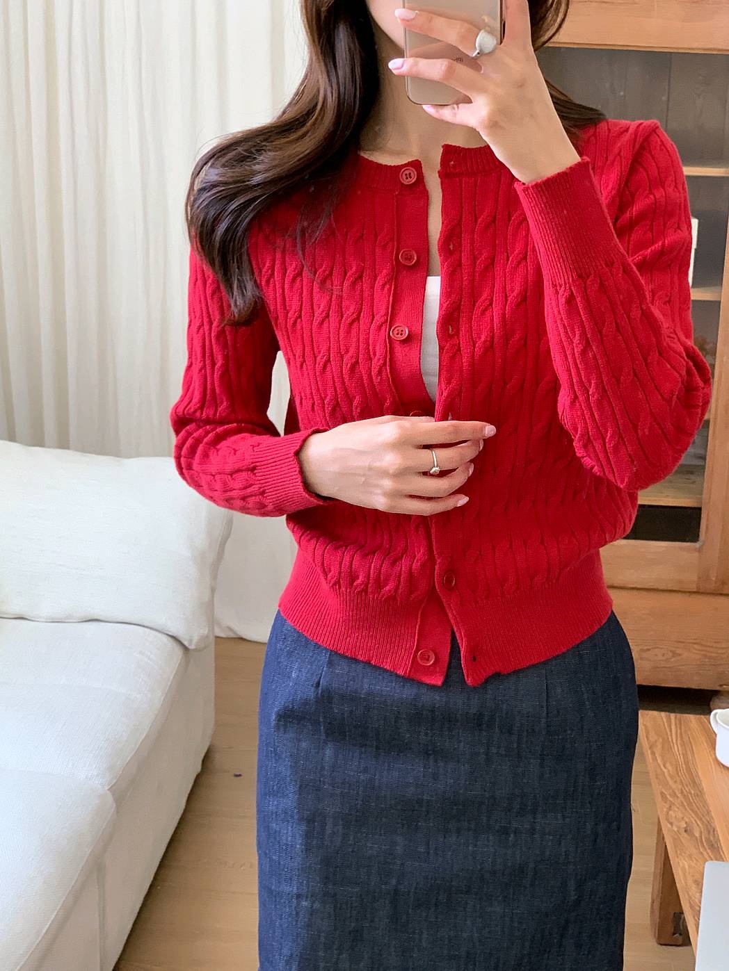 ニットソフトボタンラウンドネックスリム長袖ケーブルカーディガン | 詳細画像2