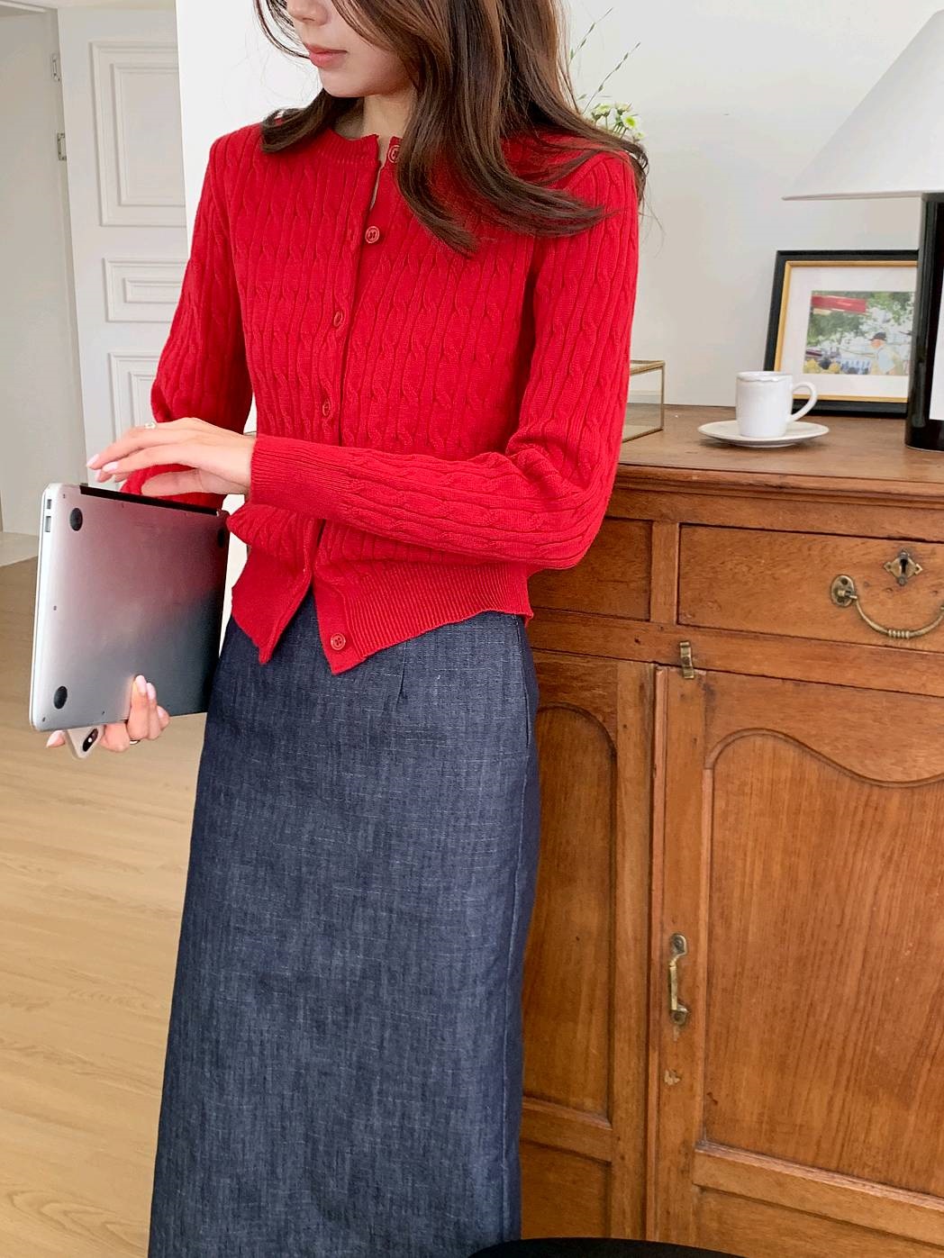 ニットソフトボタンラウンドネックスリム長袖ケーブルカーディガン | 詳細画像3