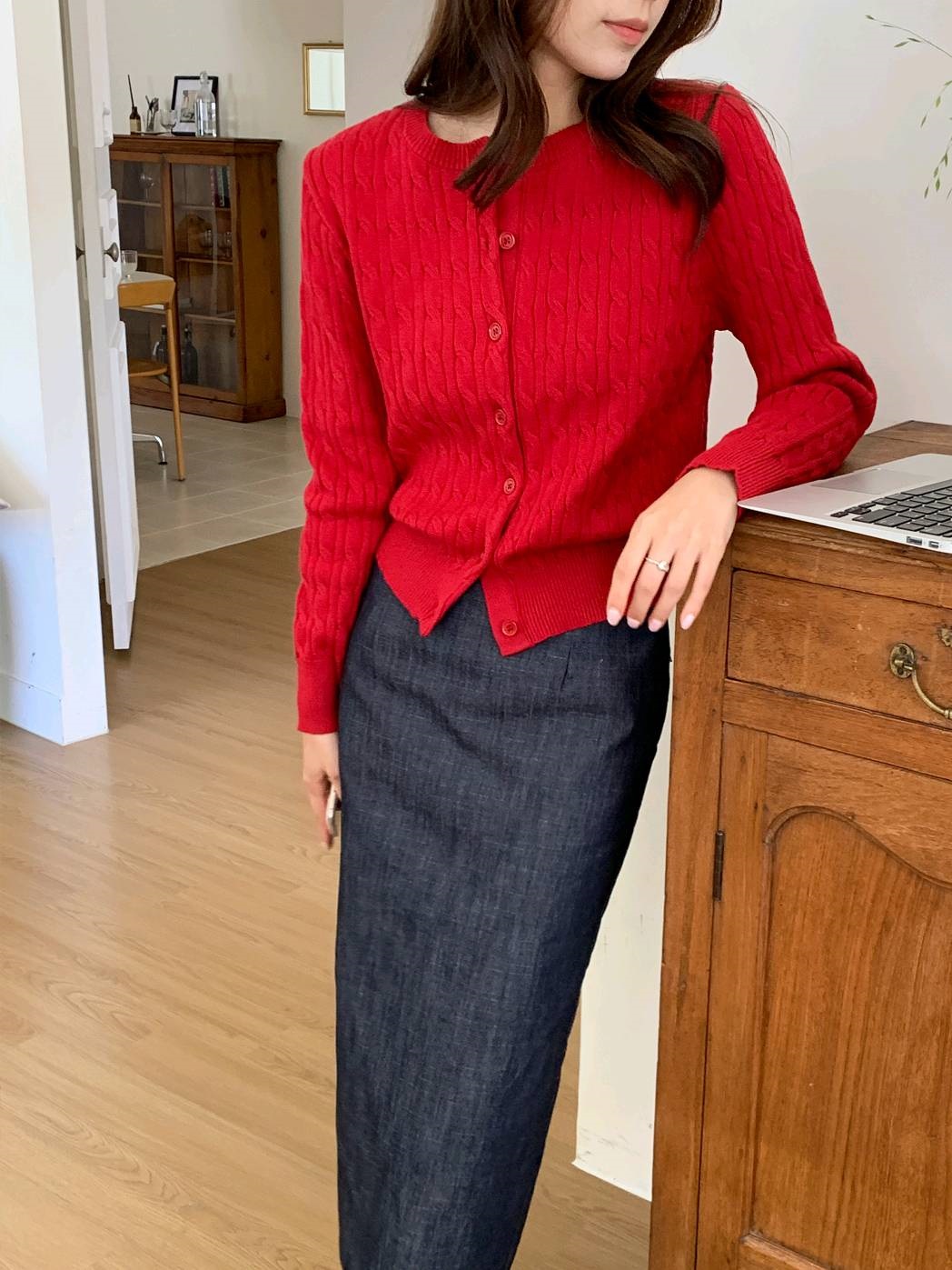 ニットソフトボタンラウンドネックスリム長袖ケーブルカーディガン | 詳細画像5