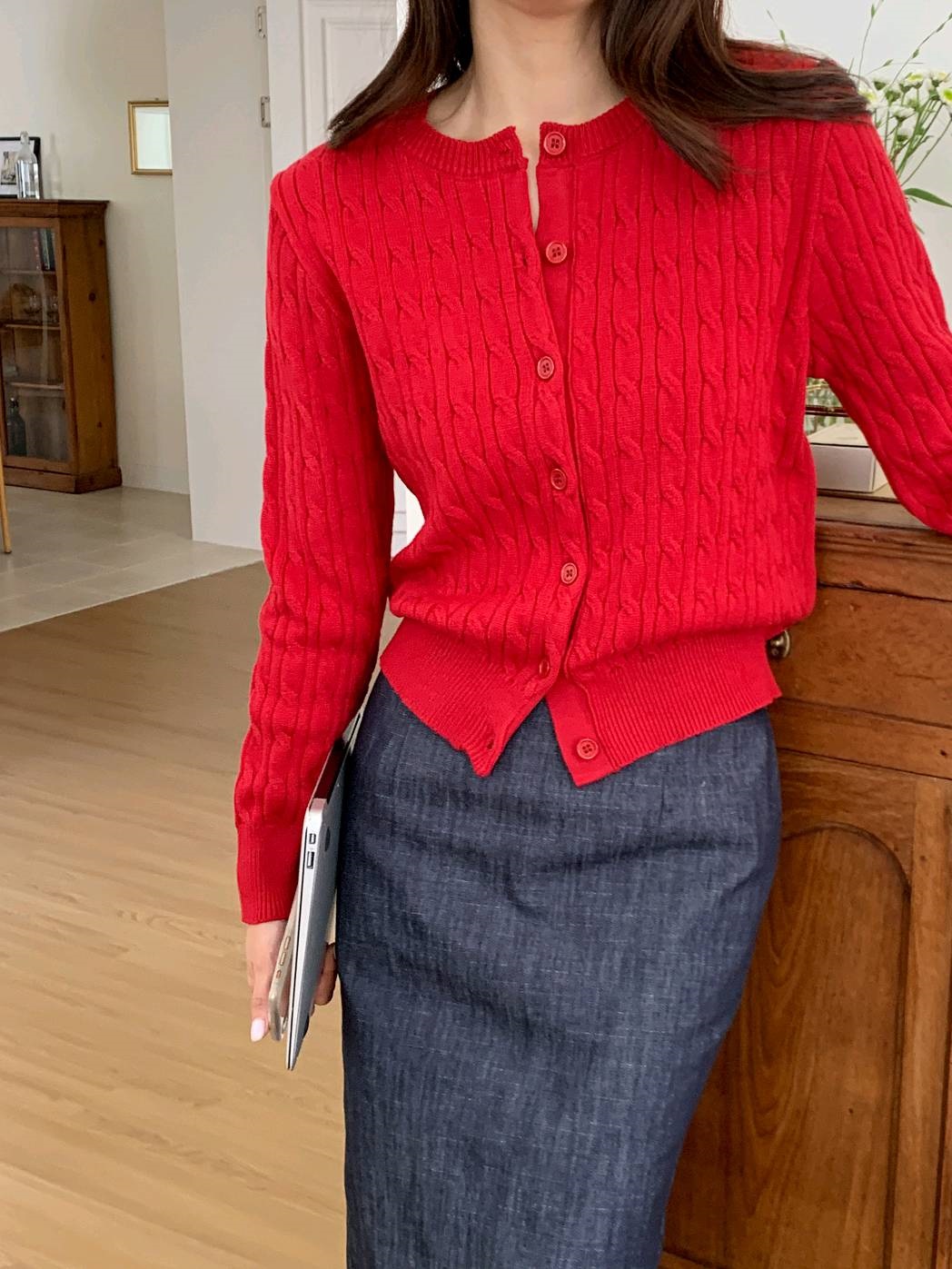 ニットソフトボタンラウンドネックスリム長袖ケーブルカーディガン | 詳細画像6