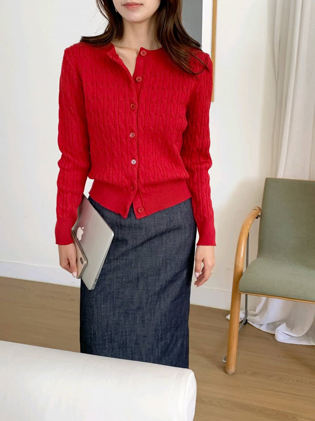 ニットソフトボタンラウンドネックスリム長袖ケーブルカーディガン | 詳細画像8