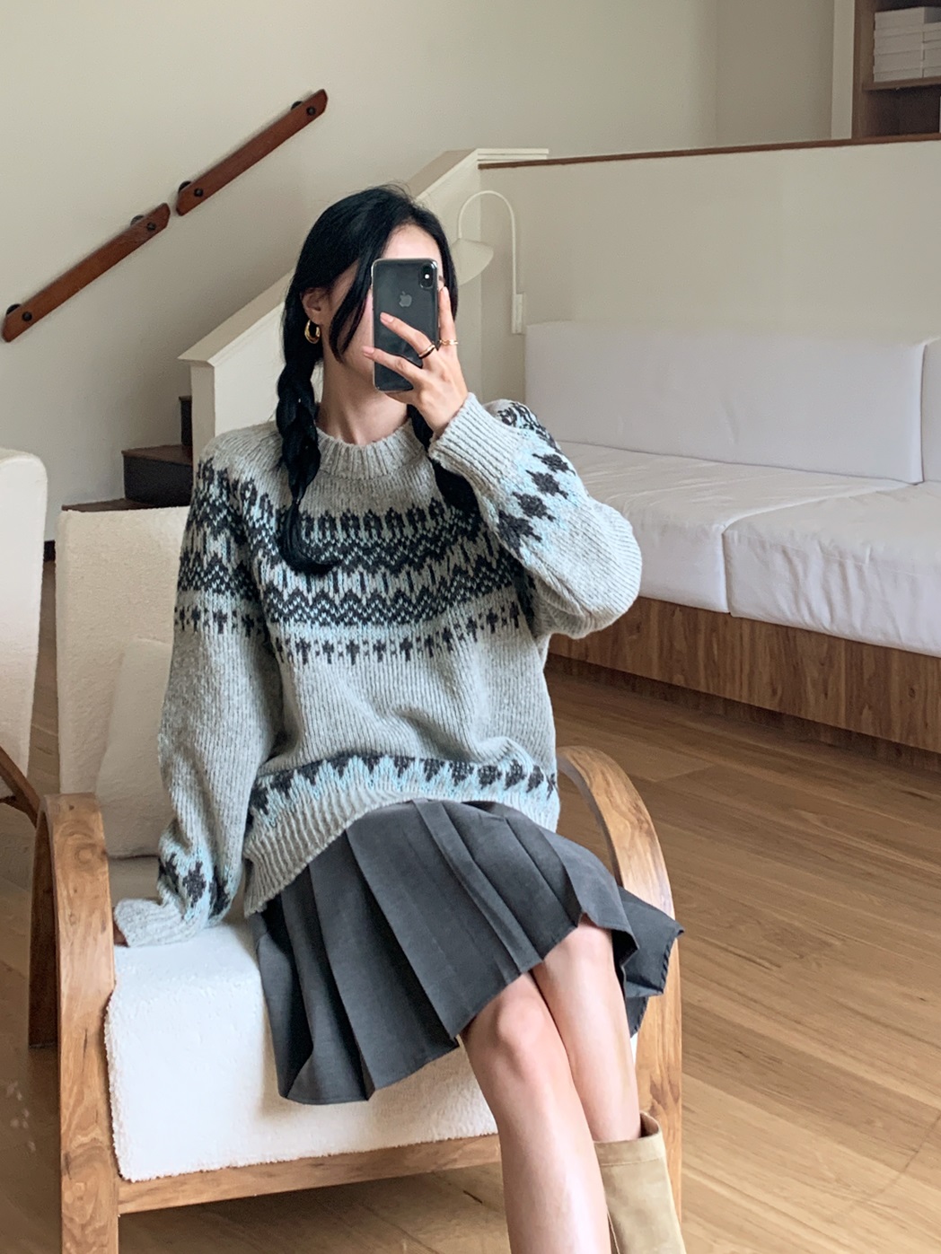 ジャガードラウンドネックルーズ長袖ノルディックニット | 詳細画像4