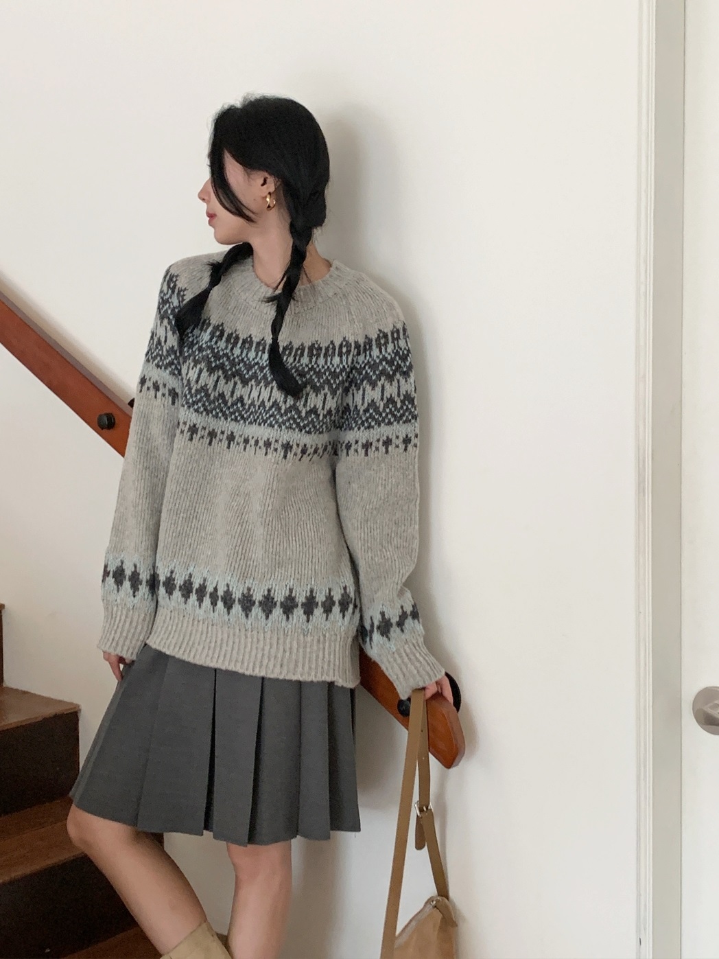 ジャガードラウンドネックルーズ長袖ノルディックニット | 詳細画像5