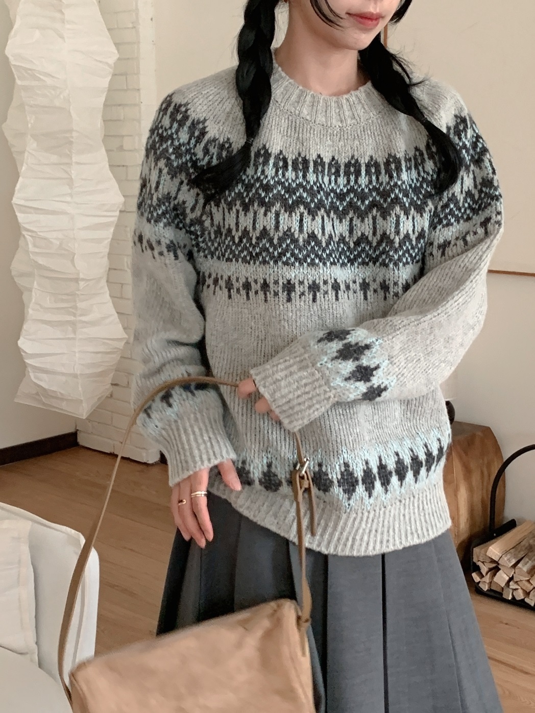 ジャガードラウンドネックルーズ長袖ノルディックニット | 詳細画像9