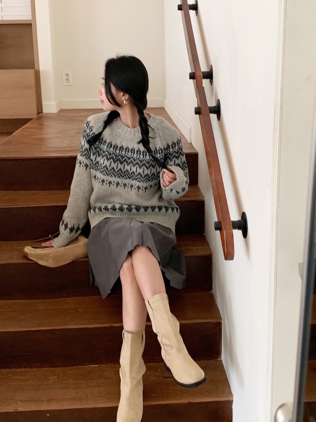 ジャガードラウンドネックルーズ長袖ノルディックニット | 詳細画像10