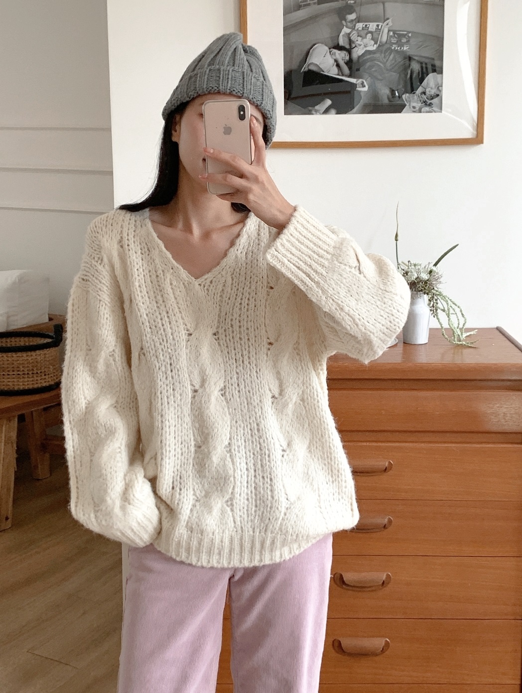 Vネックルーズ長袖ケーブルニット | 詳細画像4