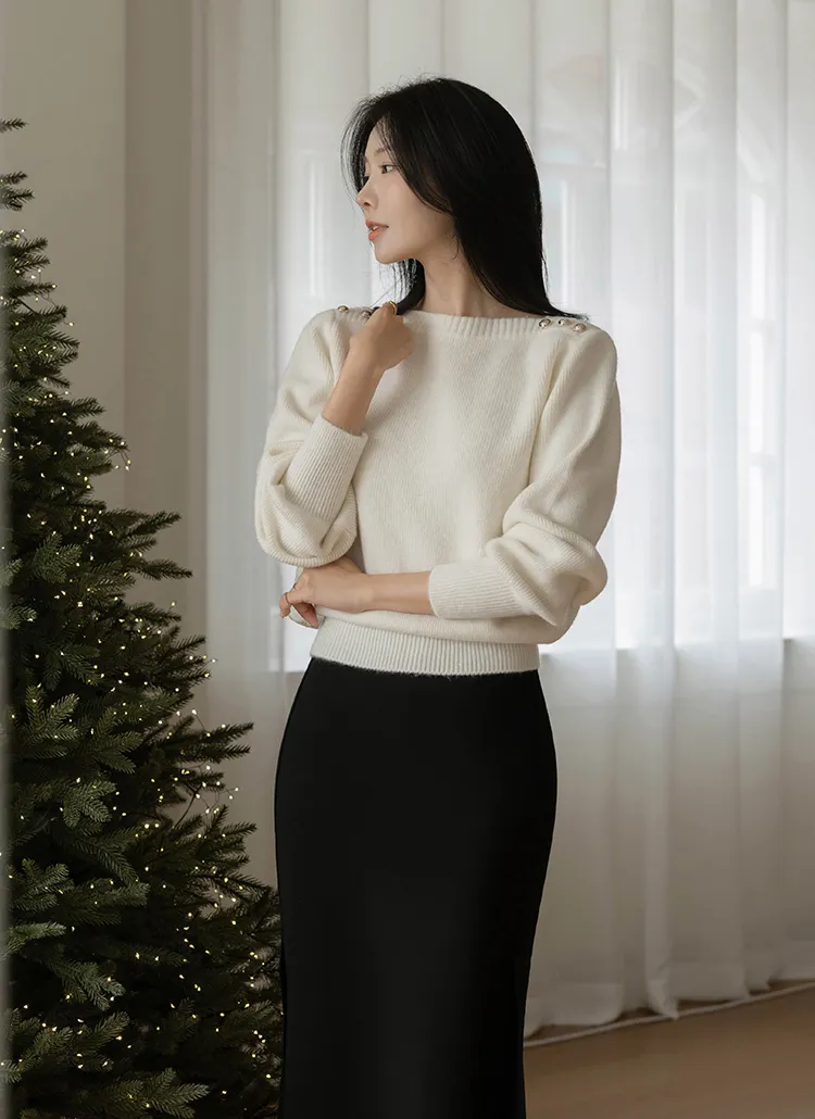 グリッターボートネックゴールドボタンルーズ長袖フェイクボタンニット | ODE | 詳細画像1