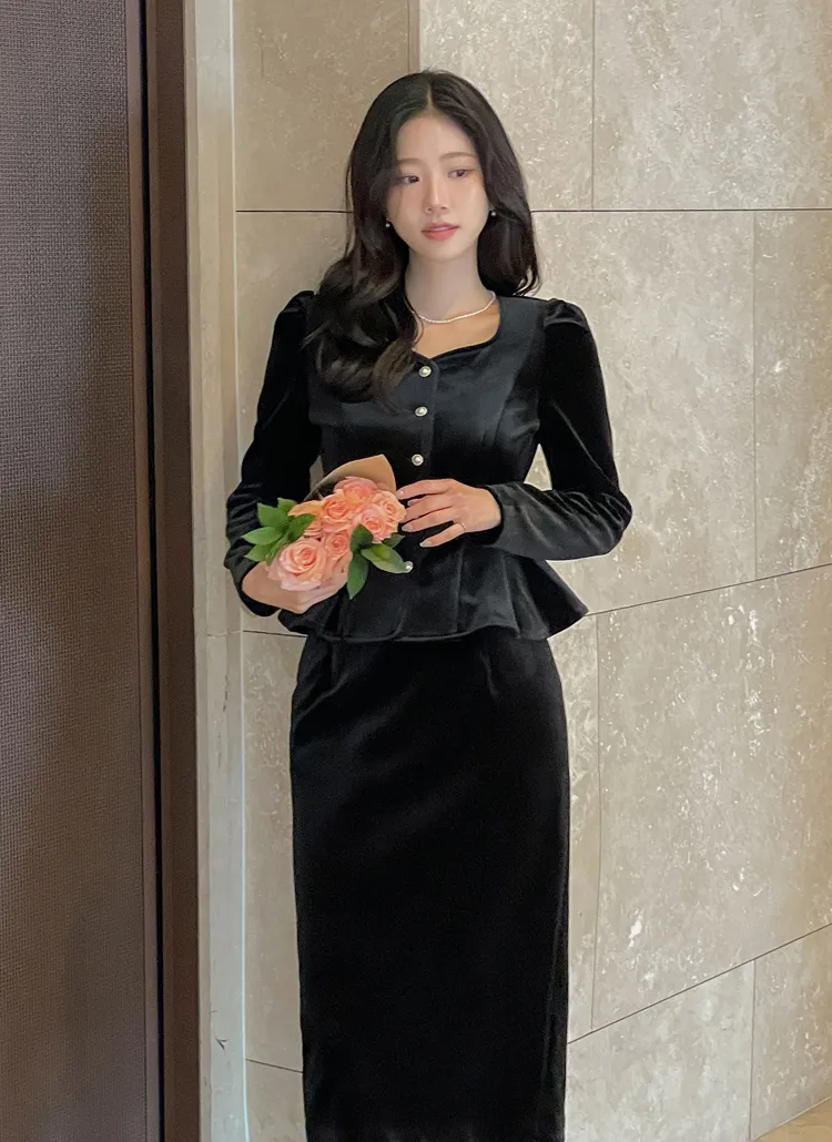 ベロアパフスリーブ長袖ペプラムスリムボタンブラウス | ODE | 詳細画像1