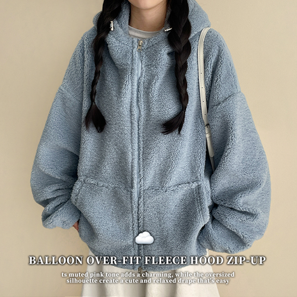 ボアフード長袖ルーズボクシーダブルジップポケットドローストリング