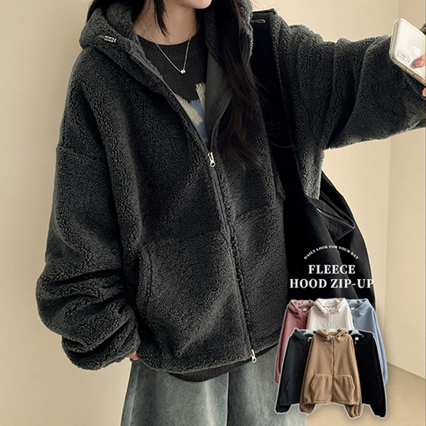 ボアフード長袖ルーズボクシーダブルジップポケットドローストリング