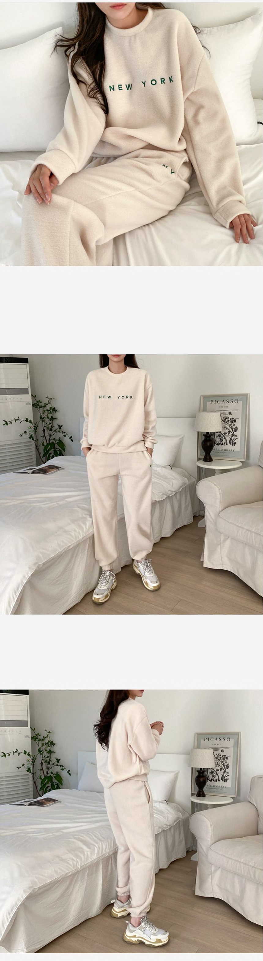 両起毛ソフトラウンドネックウエストゴムルーズ長袖刺繍セットアップパンツスウェットトレーニング | 詳細画像3