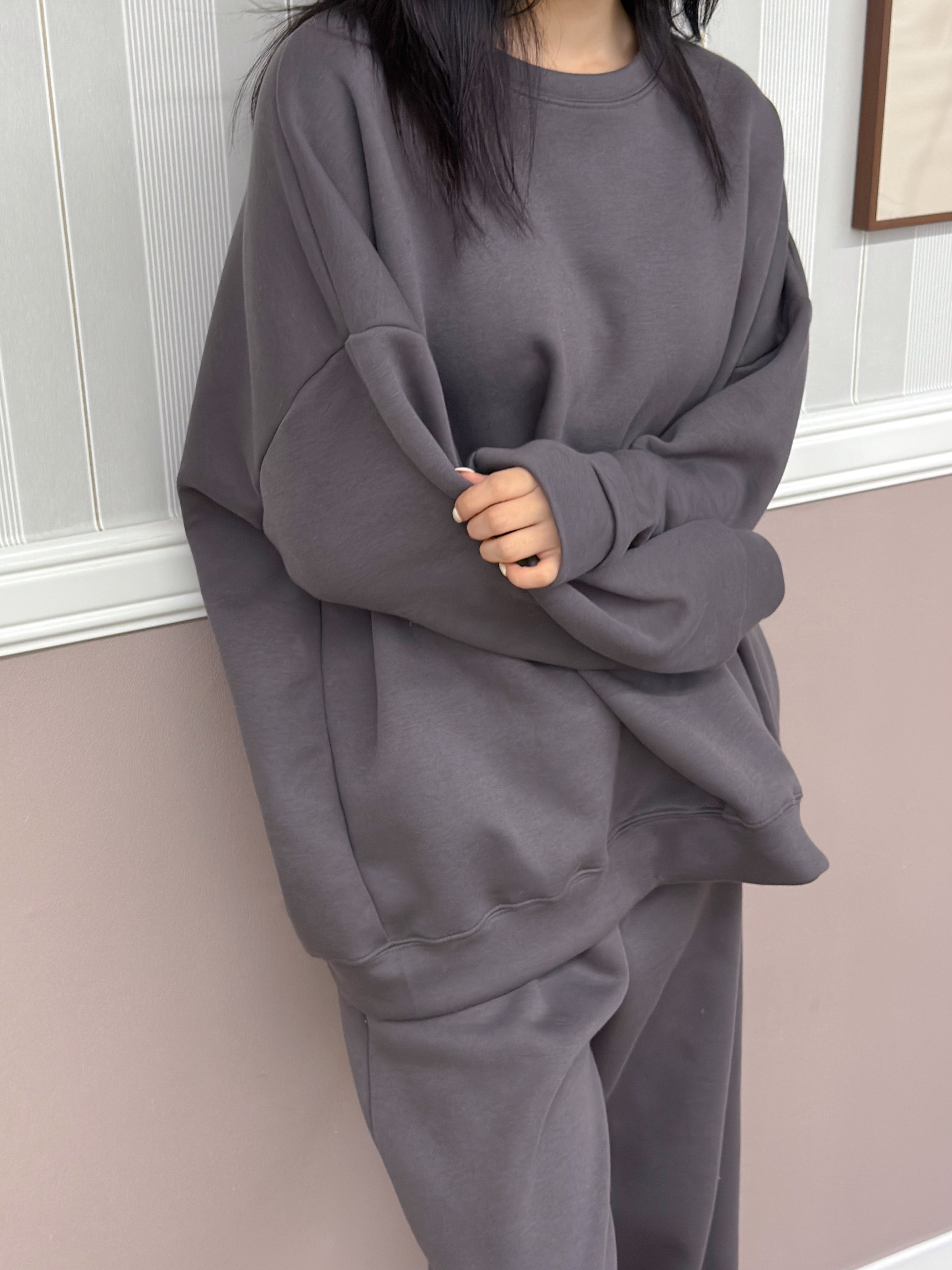 裏起毛ラウンドネックポケットウエストゴムルーズ長袖ジョガーセットアップパンツスウェットトレーニング | 詳細画像2