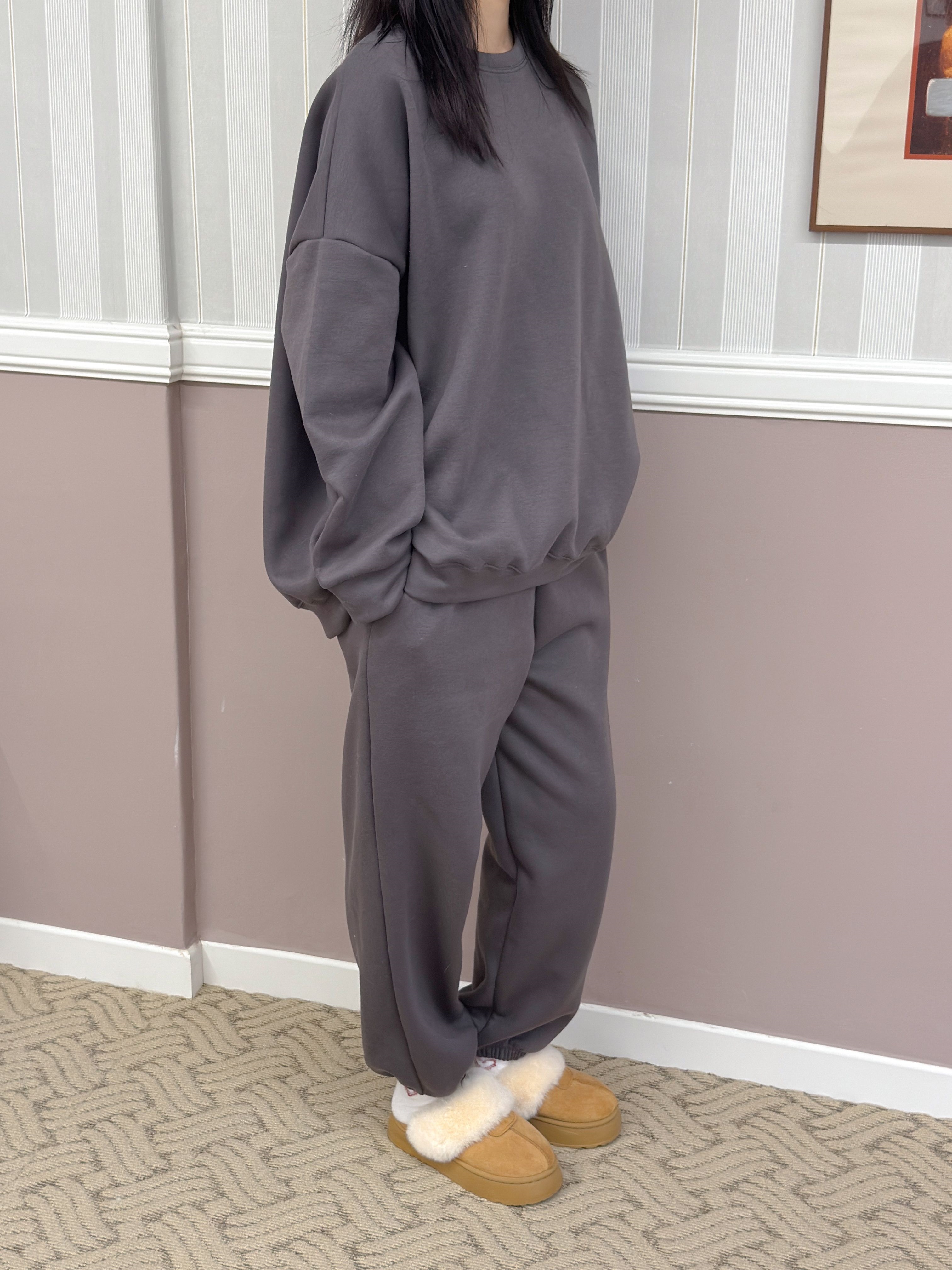 裏起毛ラウンドネックポケットウエストゴムルーズ長袖ジョガーセットアップパンツスウェットトレーニング | 詳細画像3