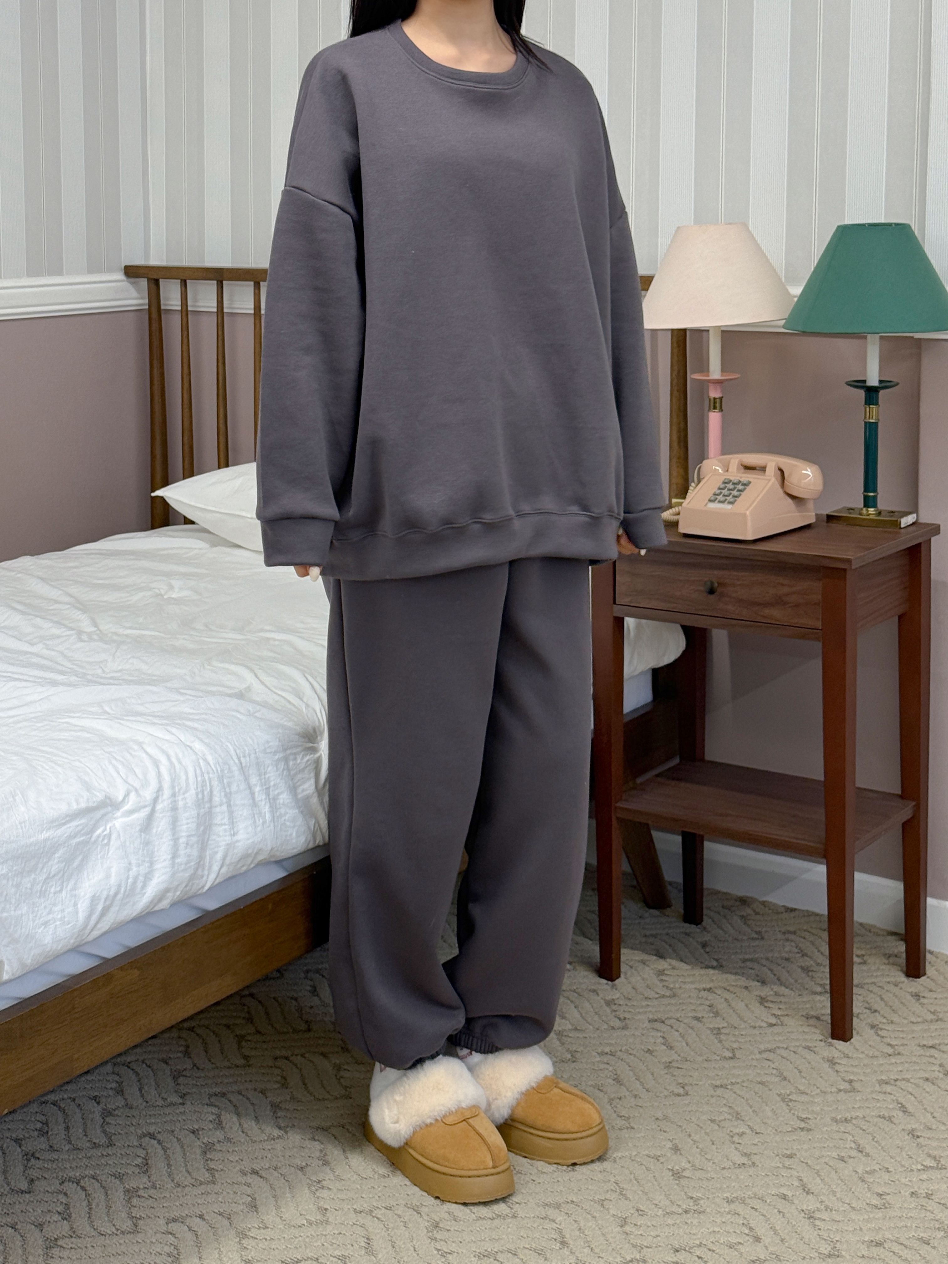 裏起毛ラウンドネックポケットウエストゴムルーズ長袖ジョガーセットアップパンツスウェットトレーニング | 詳細画像4