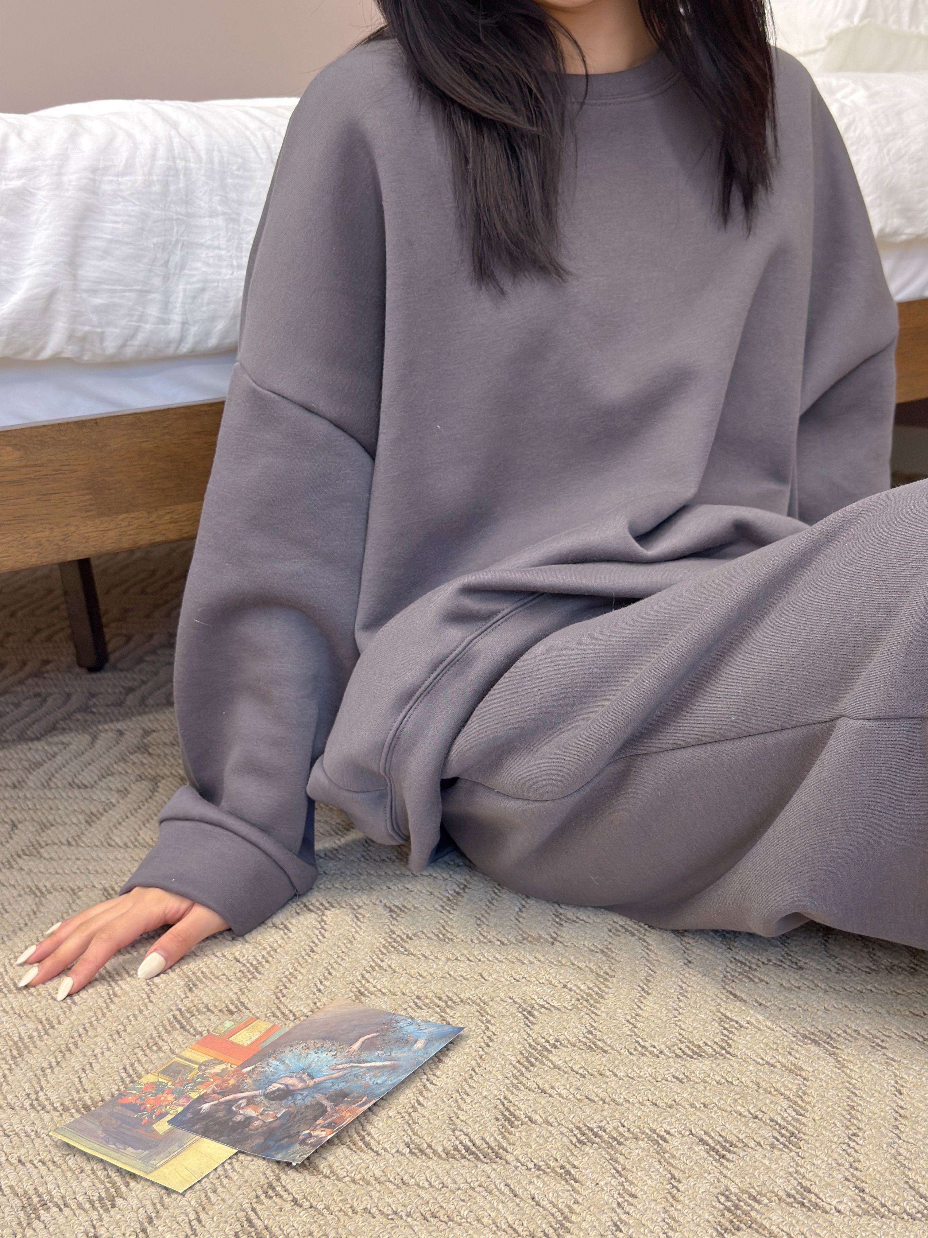 裏起毛ラウンドネックポケットウエストゴムルーズ長袖ジョガーセットアップパンツスウェットトレーニング | 詳細画像8