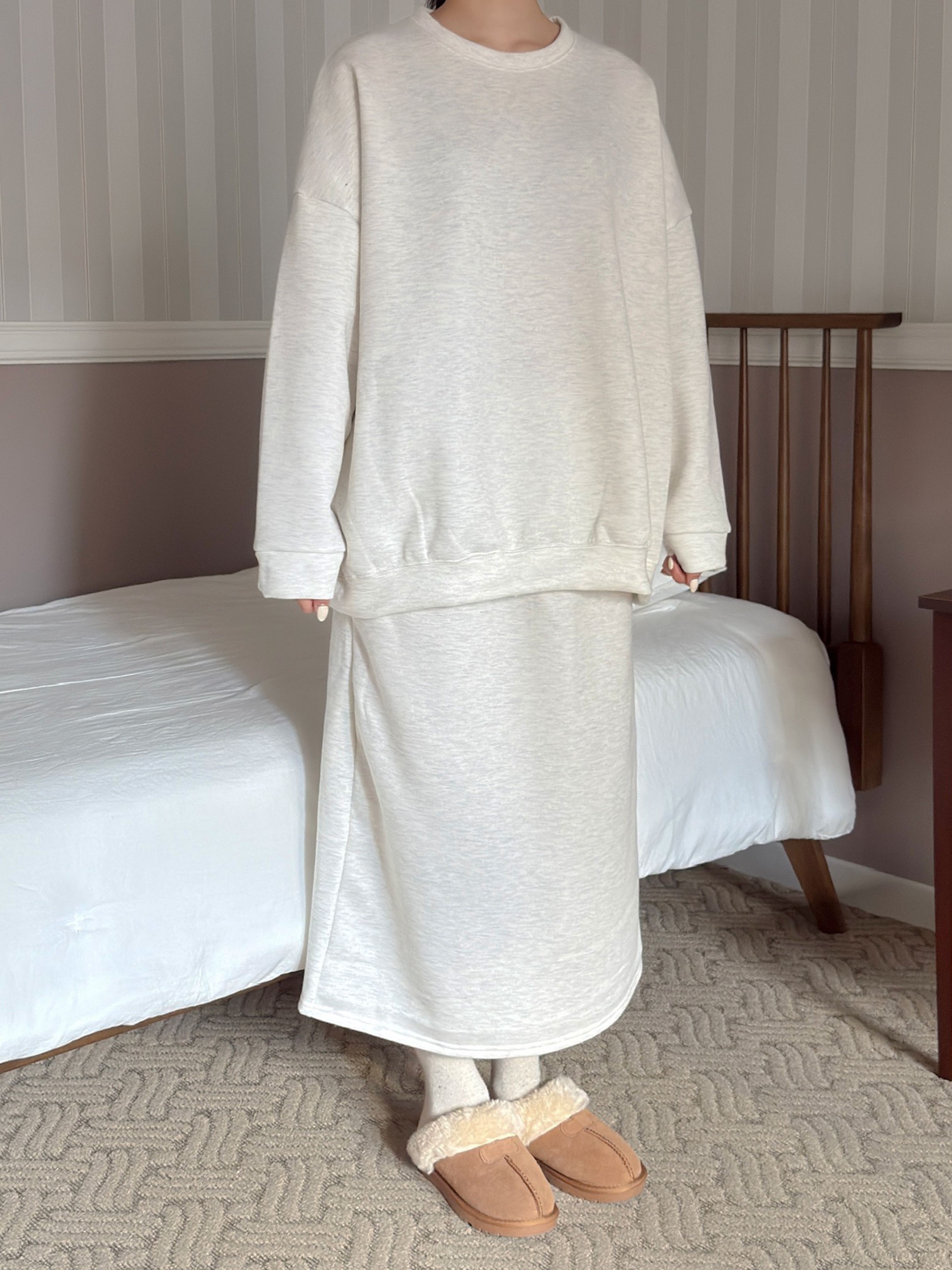 裏起毛ラウンドネックウエストゴムボクシーロングルーズ長袖セットアップスカートスウェットトレーニング | 詳細画像2