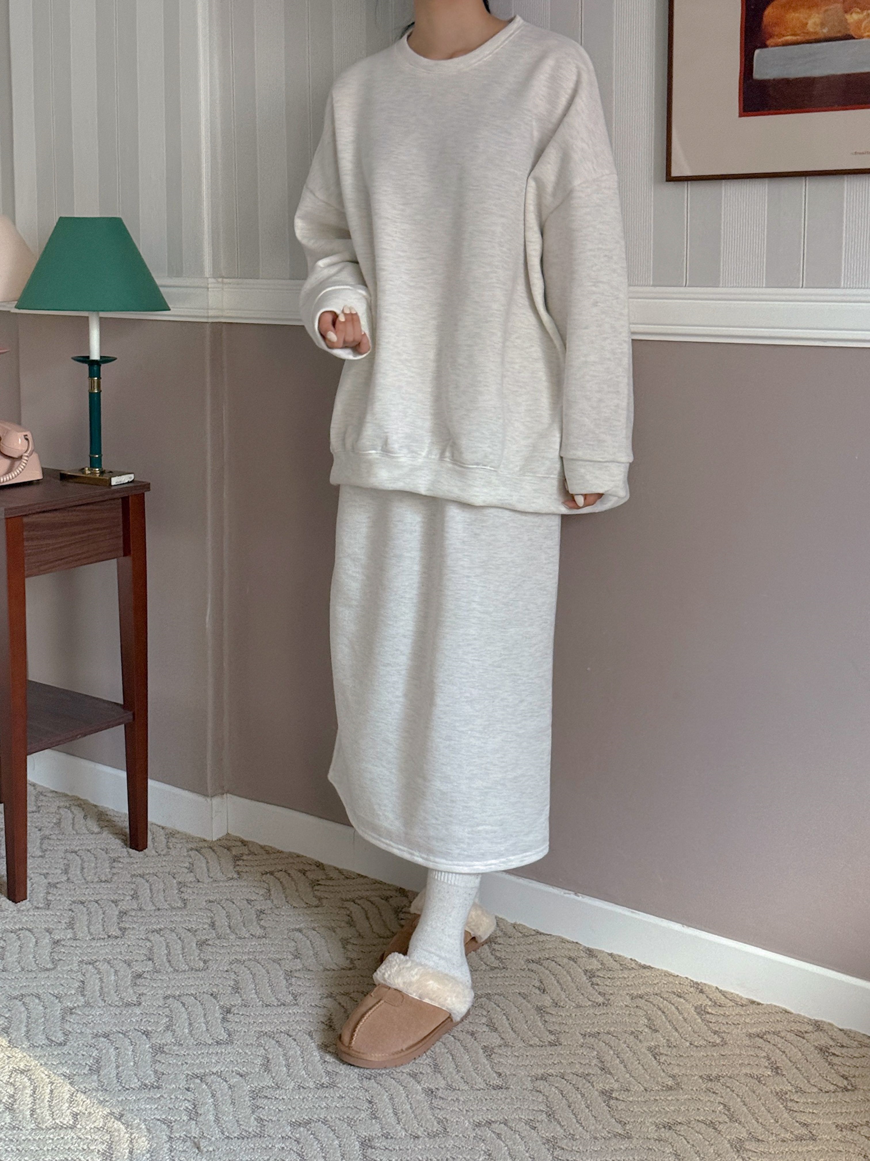 裏起毛ラウンドネックウエストゴムボクシーロングルーズ長袖セットアップスカートスウェットトレーニング | 詳細画像4