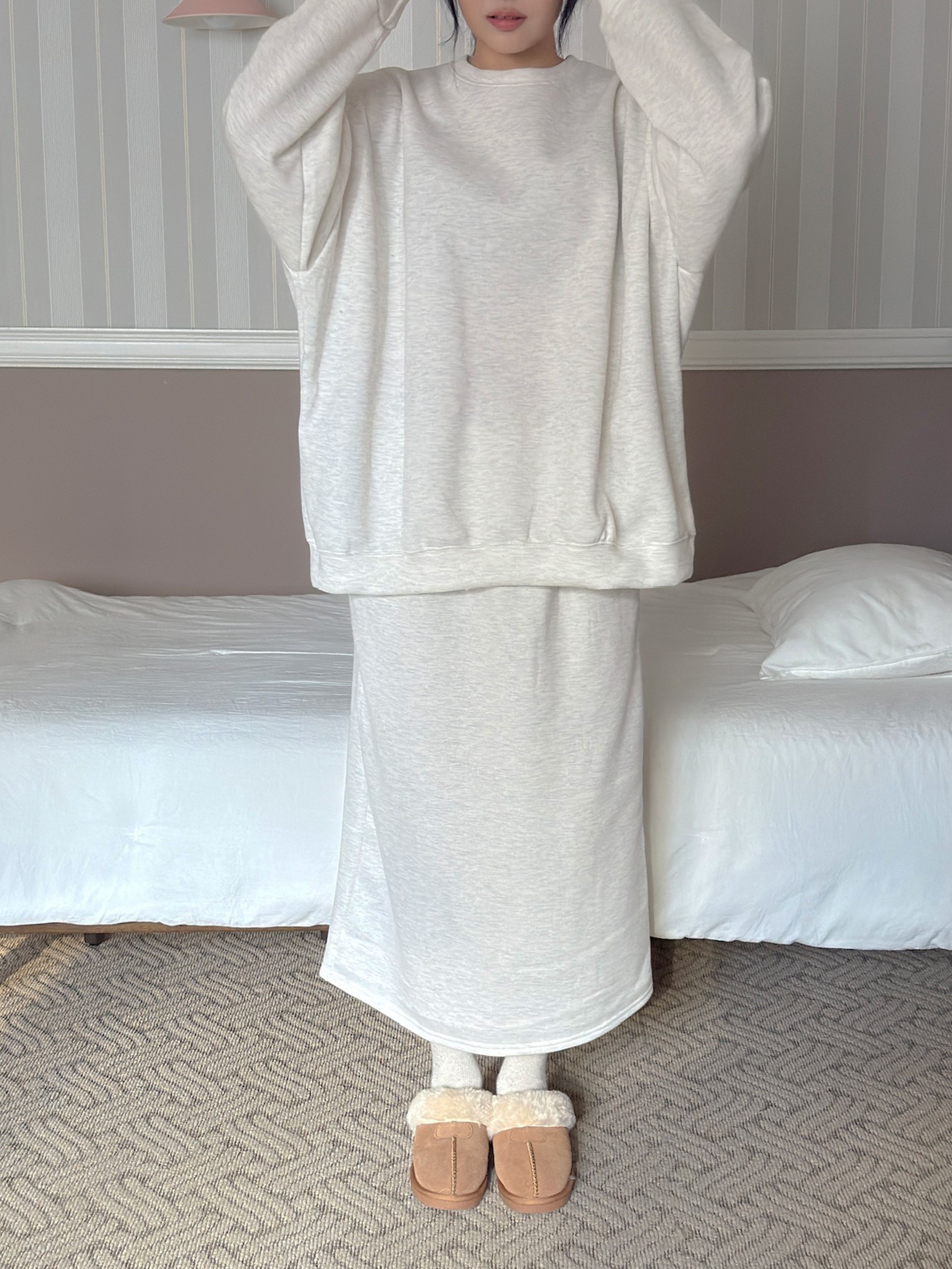 裏起毛ラウンドネックウエストゴムボクシーロングルーズ長袖セットアップスカートスウェットトレーニング | 詳細画像5