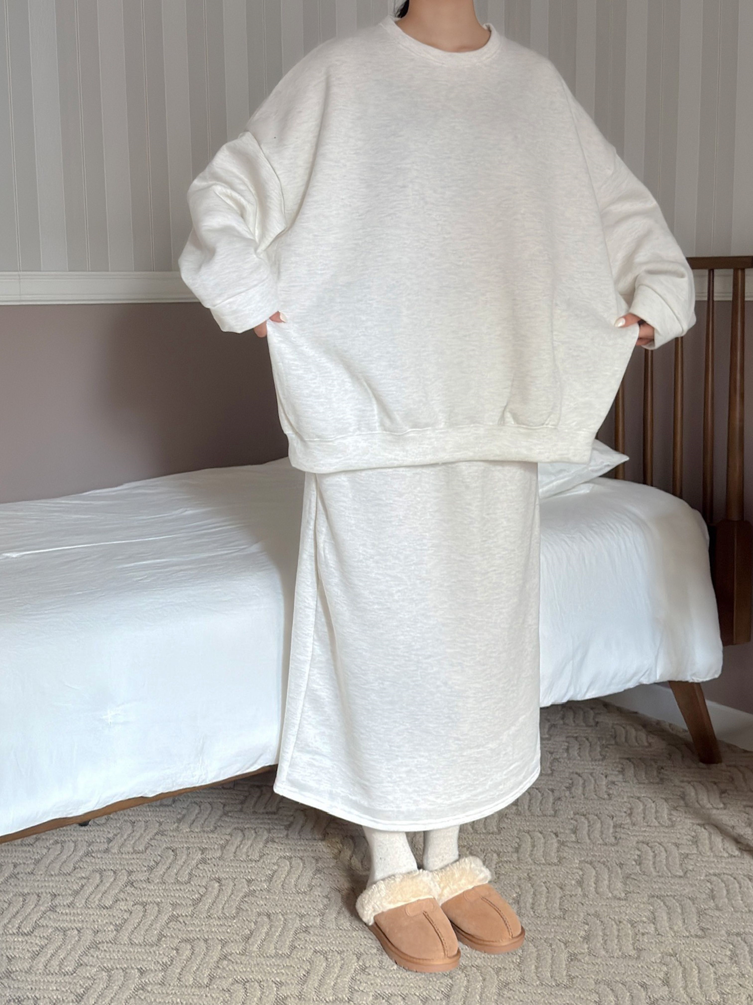 裏起毛ラウンドネックウエストゴムボクシーロングルーズ長袖セットアップスカートスウェットトレーニング | 詳細画像9