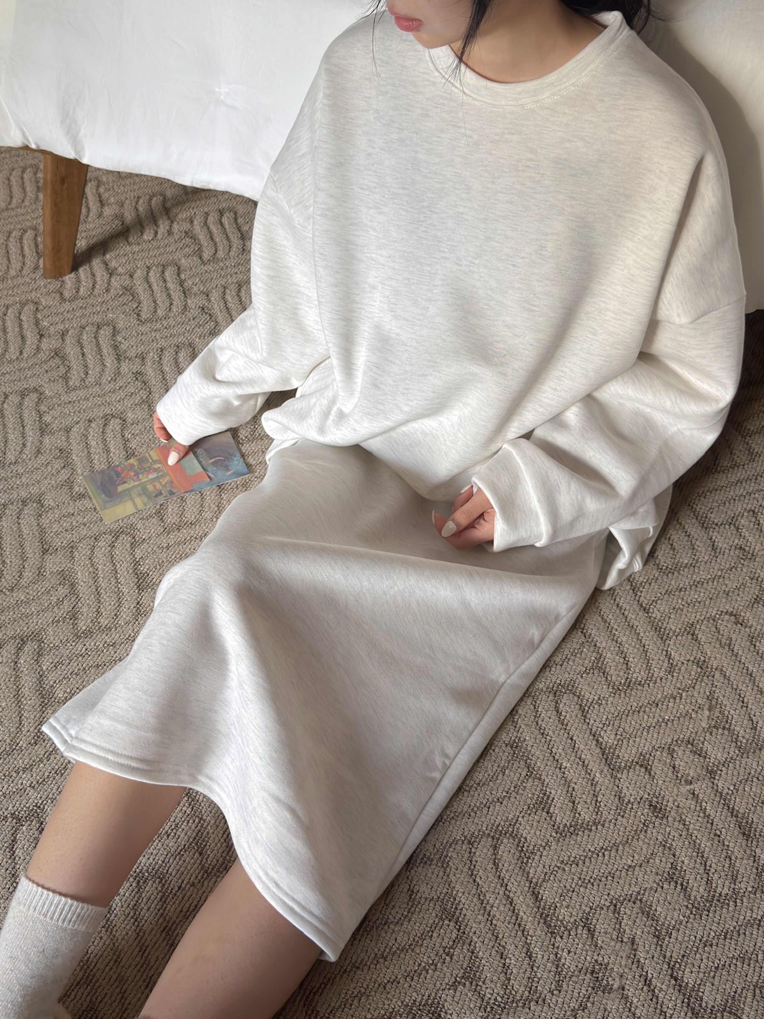 裏起毛ラウンドネックウエストゴムボクシーロングルーズ長袖セットアップスカートスウェットトレーニング | 詳細画像12