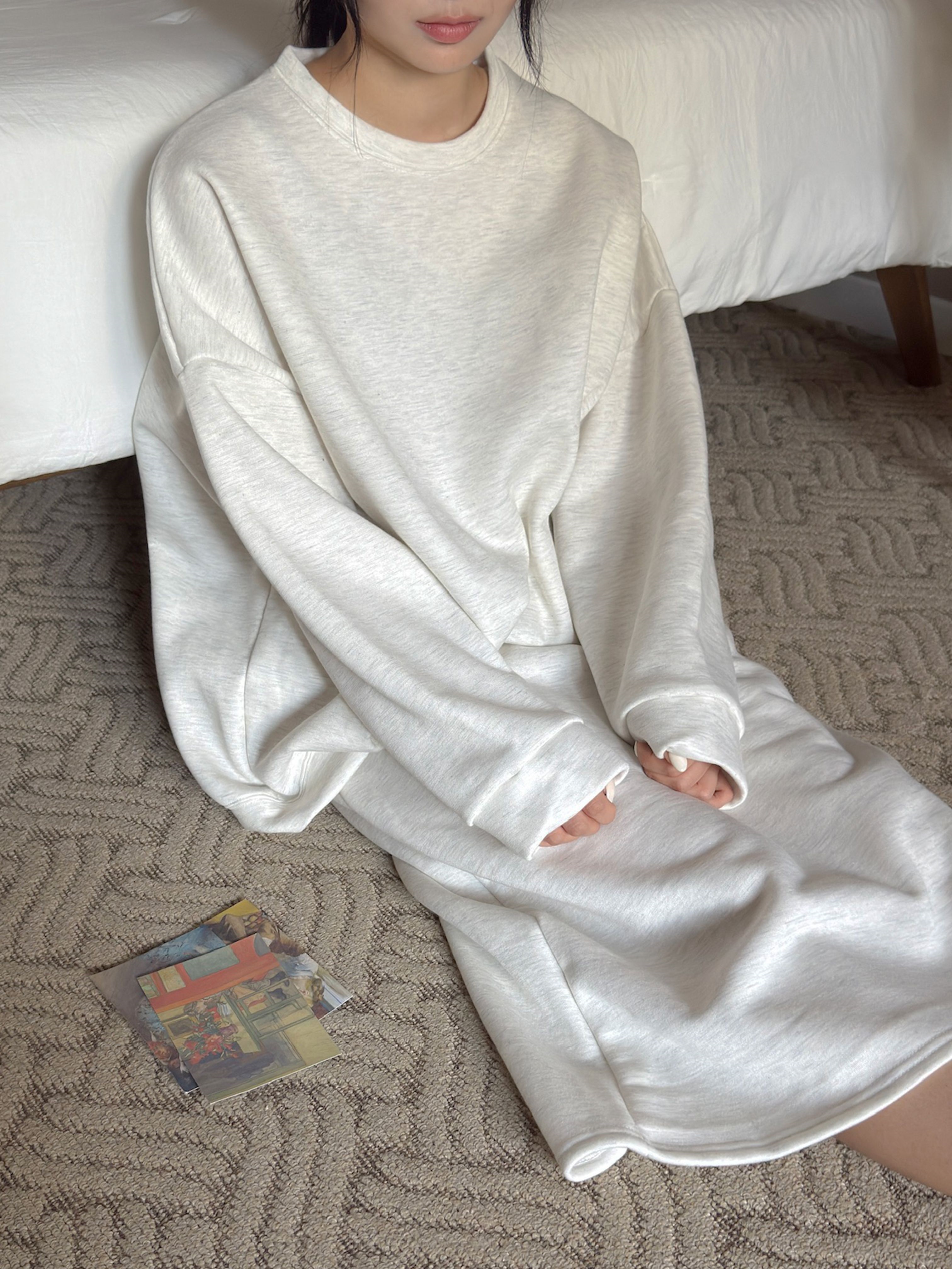 裏起毛ラウンドネックウエストゴムボクシーロングルーズ長袖セットアップスカートスウェットトレーニング | 詳細画像14