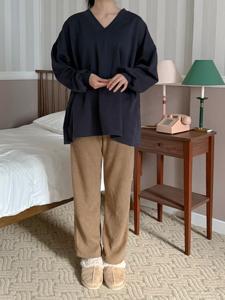 裏起毛Vネックラインボクシールーズ長袖Tシャツ | 詳細画像3